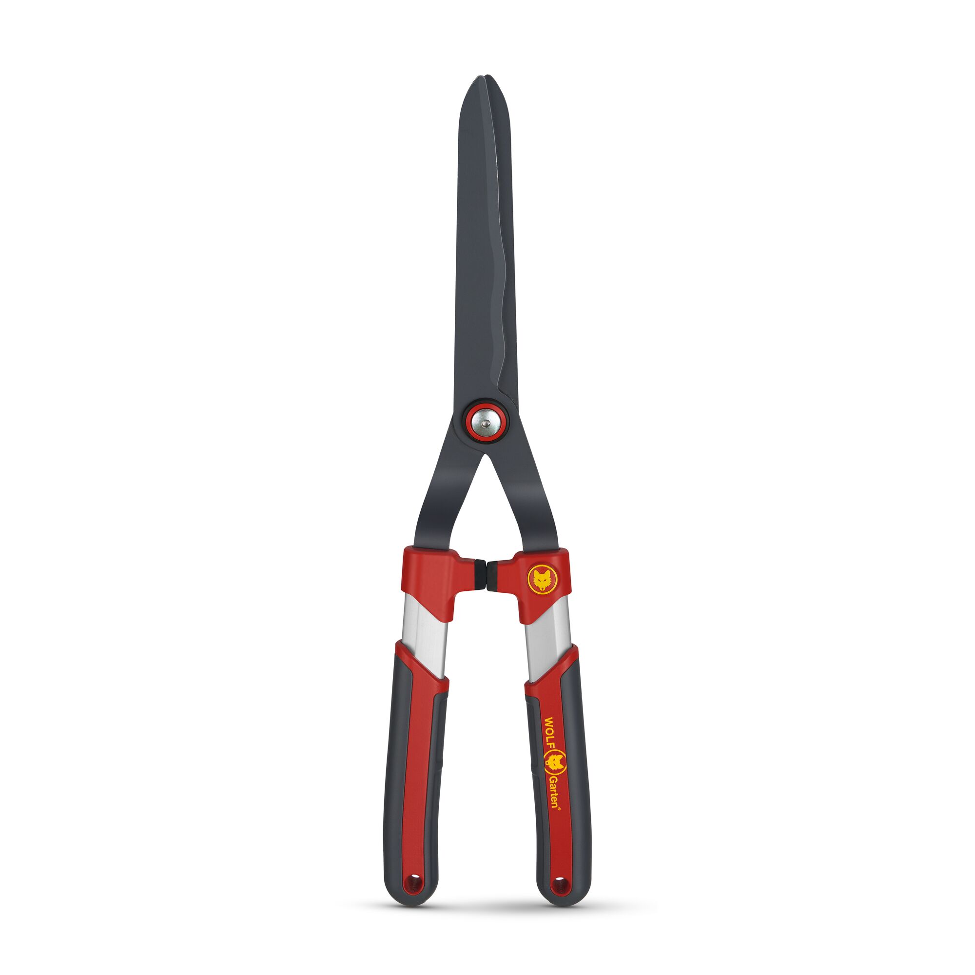 A pair of garden hedge shears with black blades and red and black handles, featuring the WOLFGarten logo.