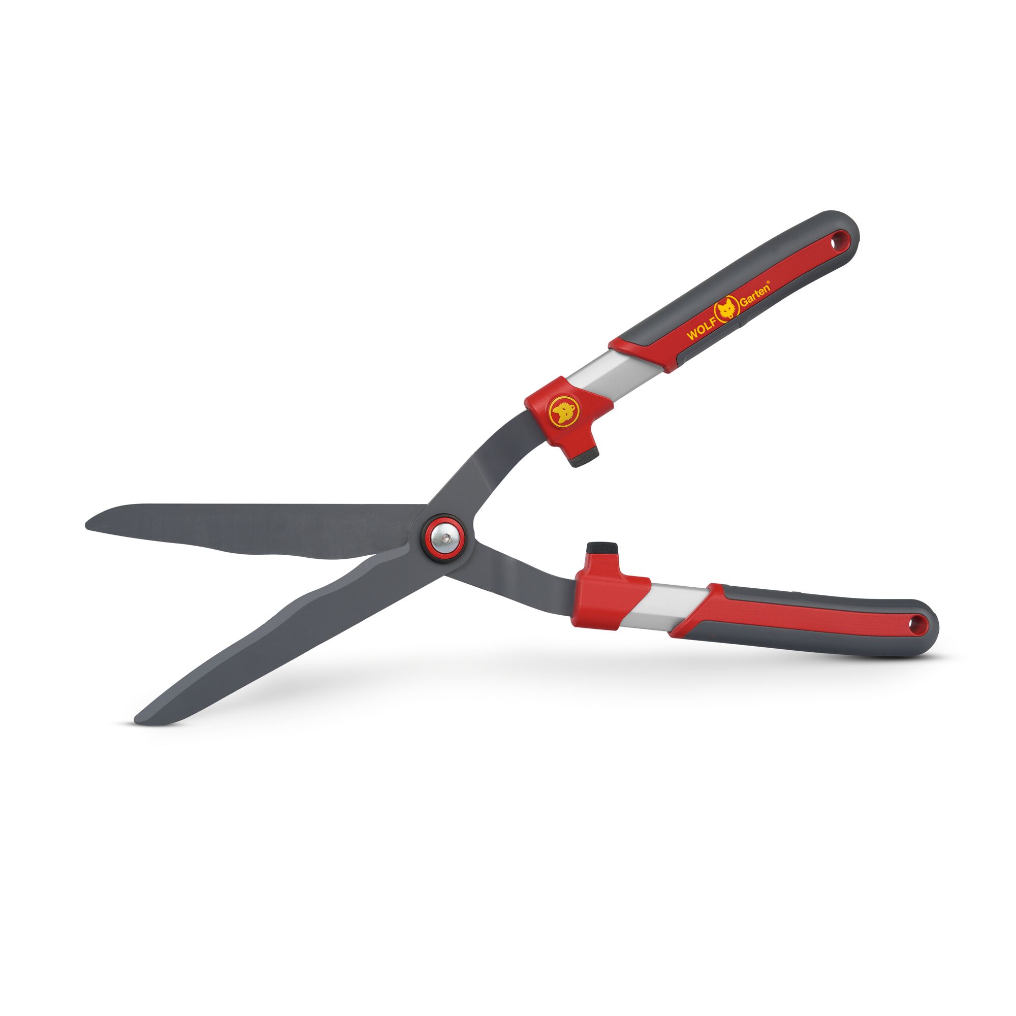 A pair of garden hedge shears with red and grey handles, branded WOLF-Garten, designed for trimming hedges and shrubs.