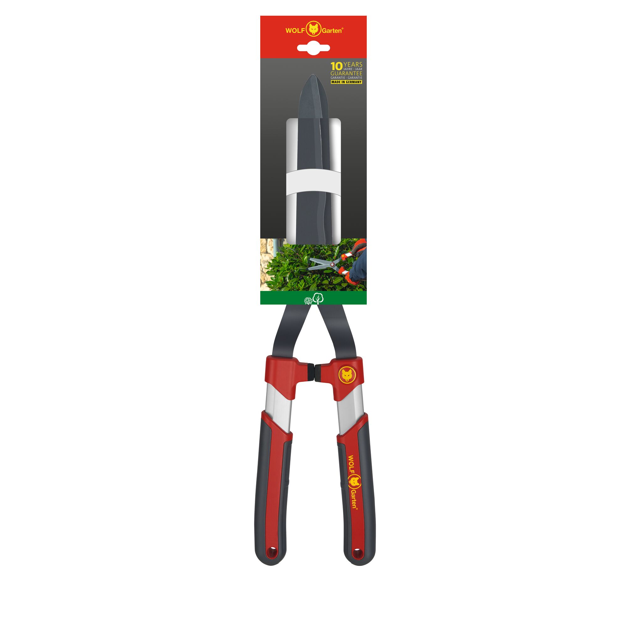 WOLF Garten garden hedge shears with red and black handles and sharp blades, shown in packaging. The product is designed for trimming hedges and bushes and features a 10-year guarantee.