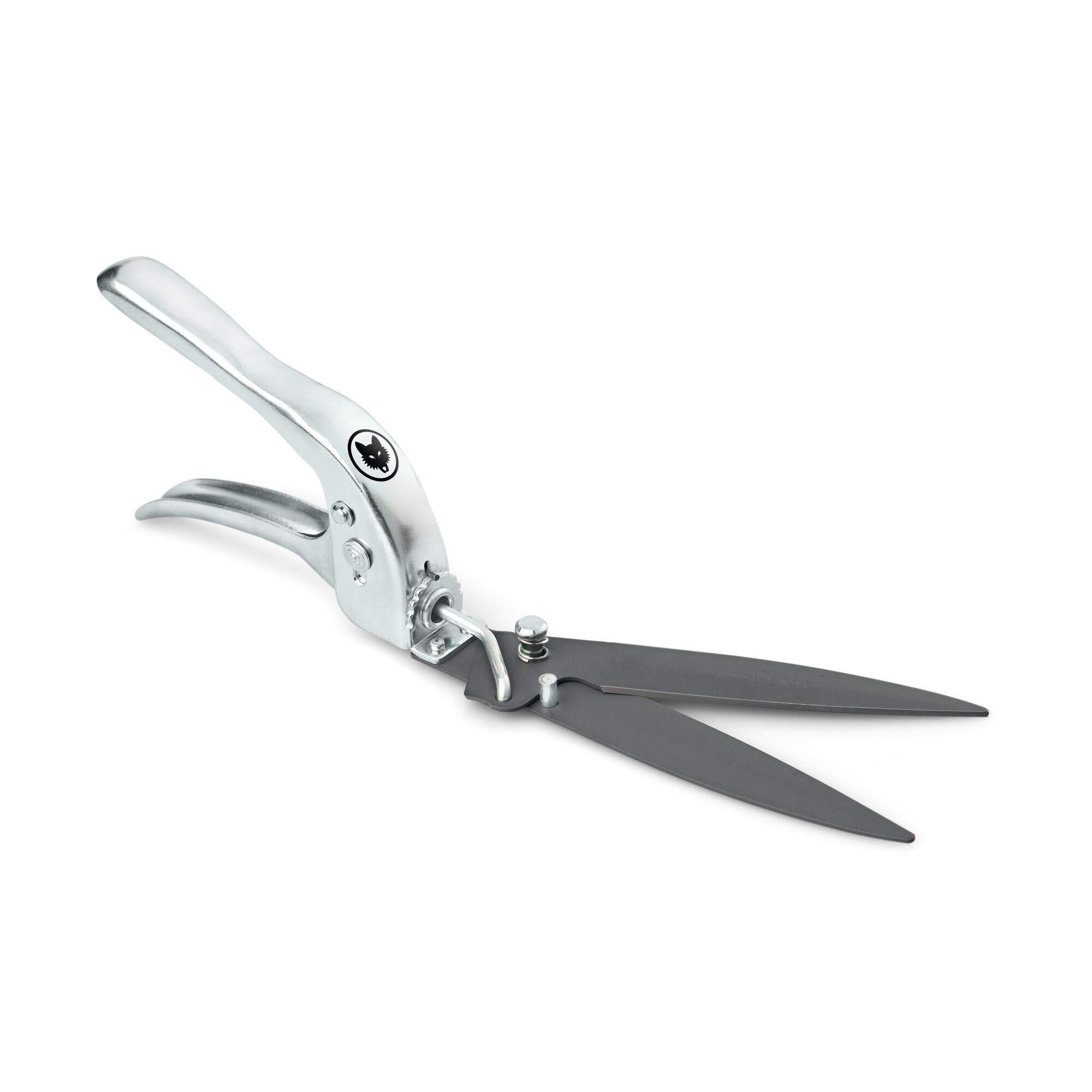 A pair of garden shears with metal handles and sharp black blades, positioned open on a white background.