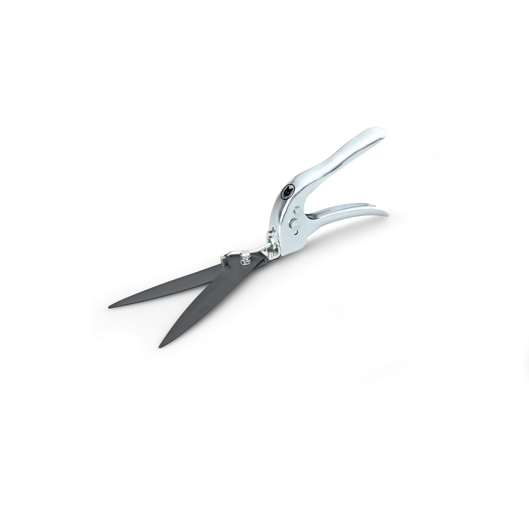 A pair of garden hand shears with metal handles and black blades, placed against a white background.