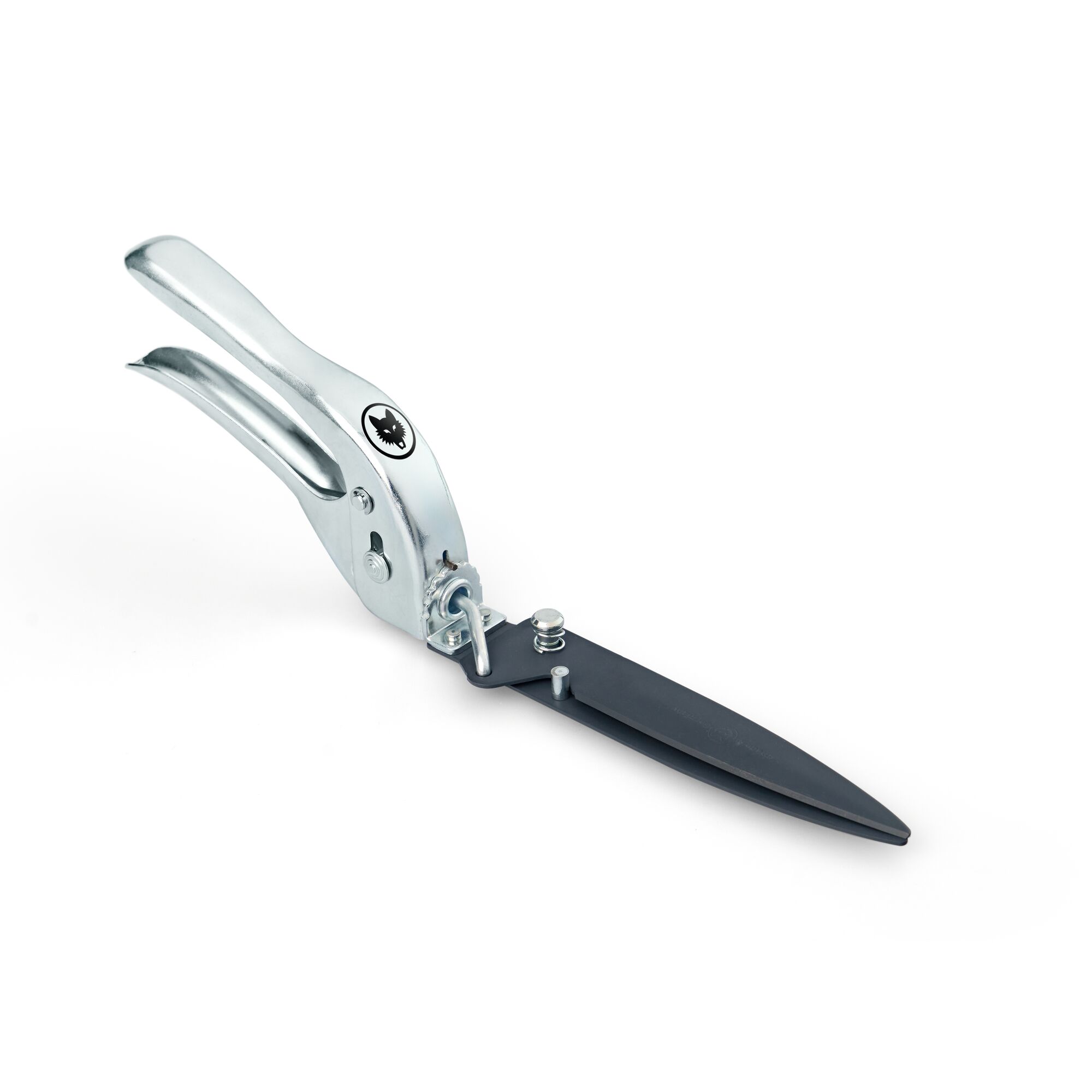 Garden grass shears with metal handles and black blades, photographed on a white background.