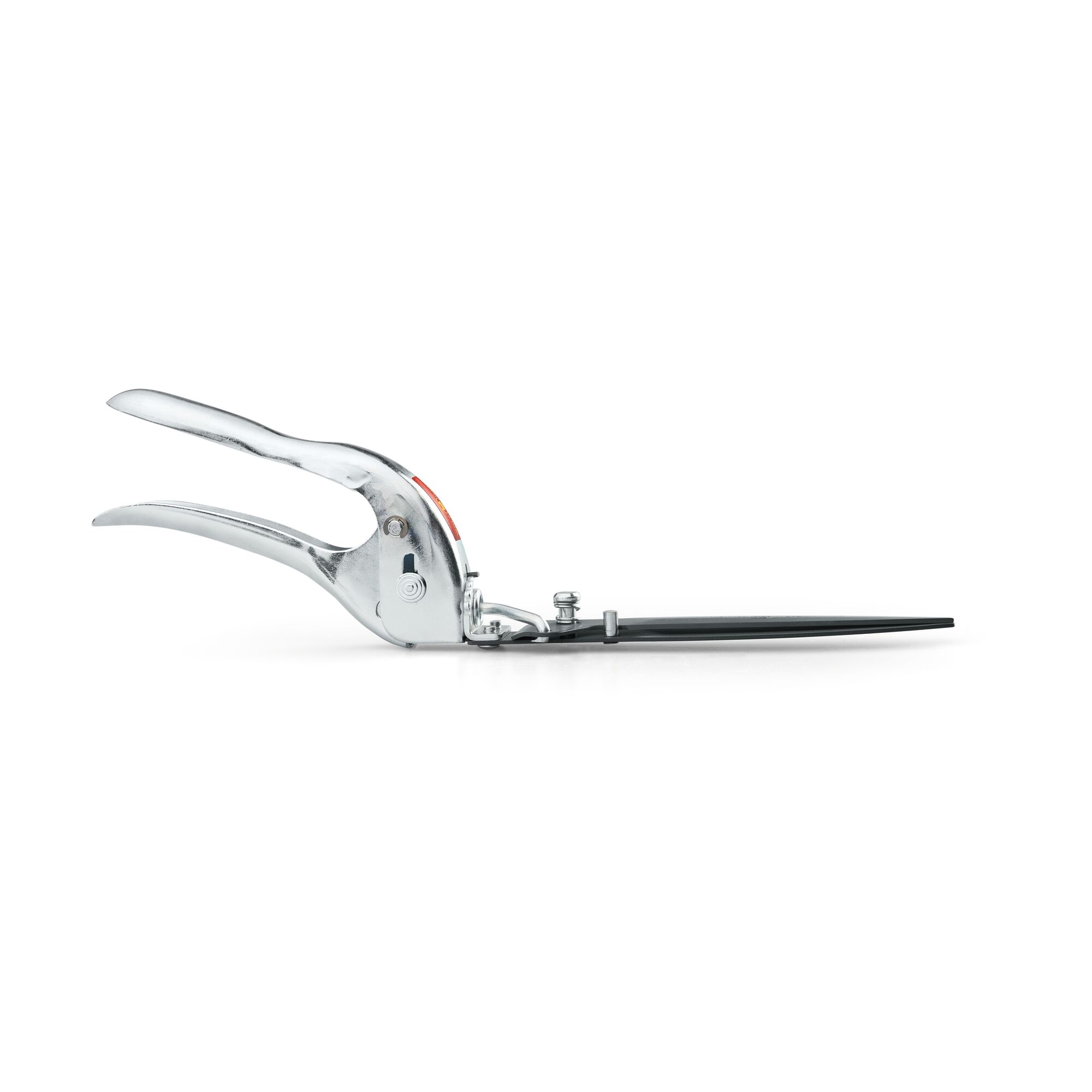 Side view of a metal hand grass shear with long, black blades and a shiny silver handle, designed for precise lawn edging.