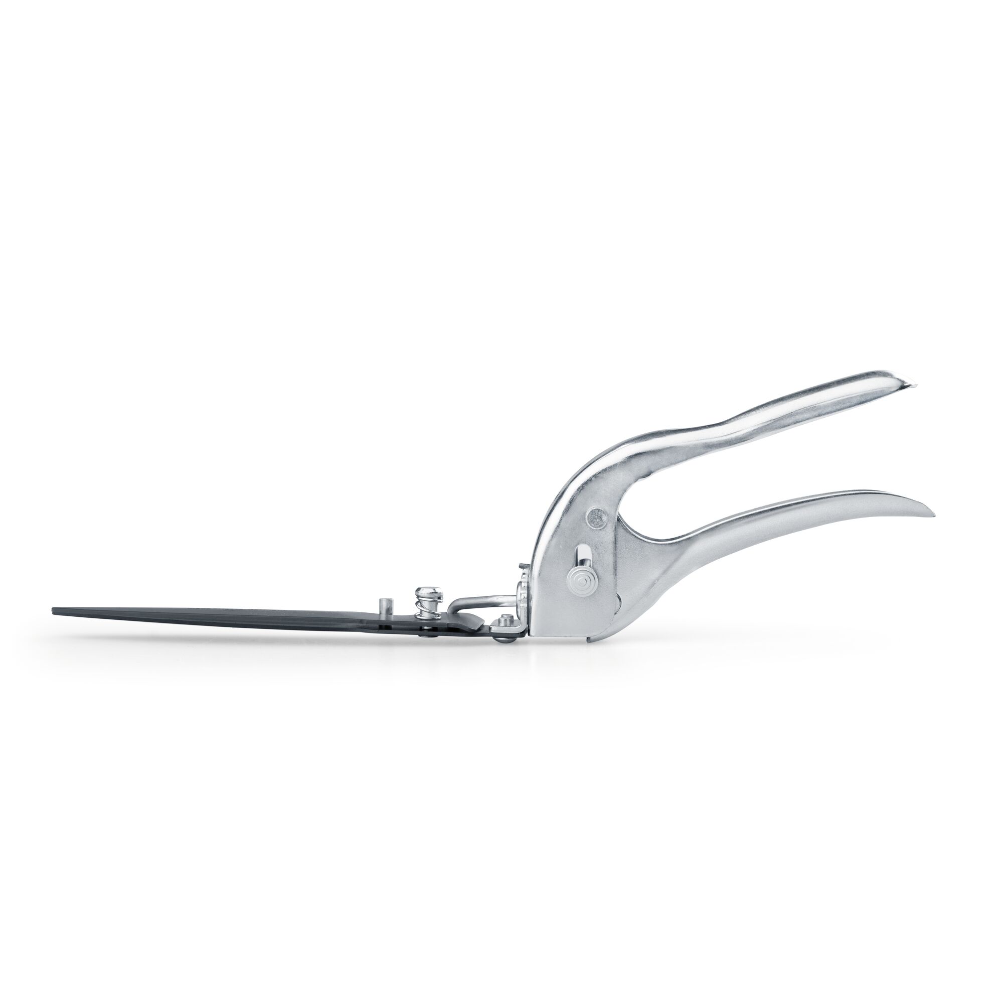 A metal grass shear tool with long blades and ergonomic handles, designed for precision cutting of lawn edges, shown against a white background.