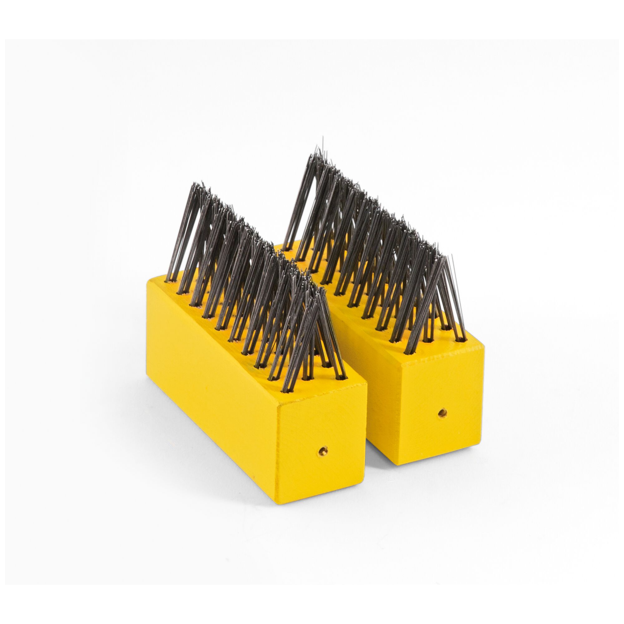 Two yellow rectangular cleaning brushes with stiff metal bristles, placed side by side on a white background.