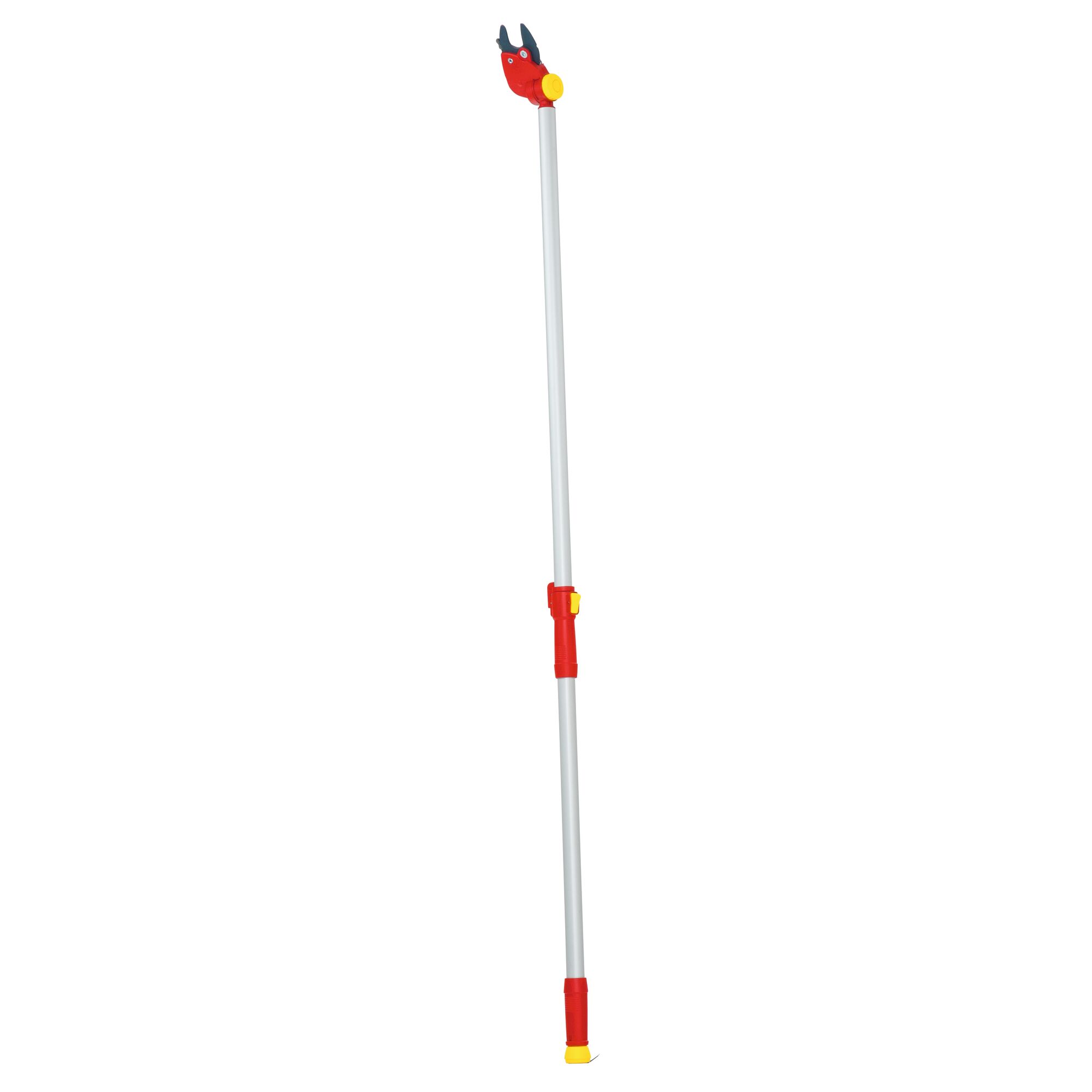 A long-handled telescopic pruning tool with a red and yellow head, used for cutting branches and reaching high areas.