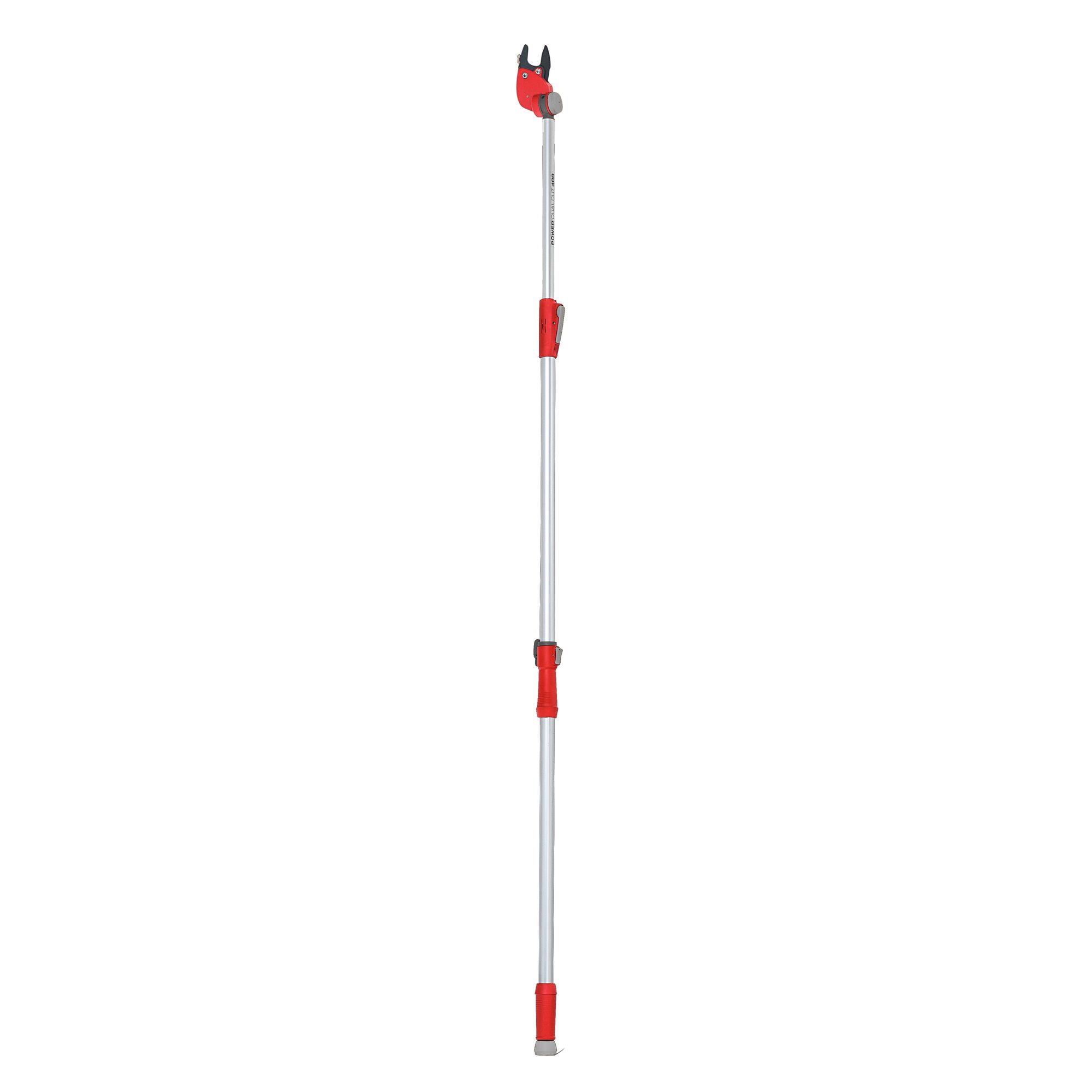 A telescopic long-handled tree pruner with a red and silver design, featuring a cutting head used for trimming branches in high or hard-to-reach places.