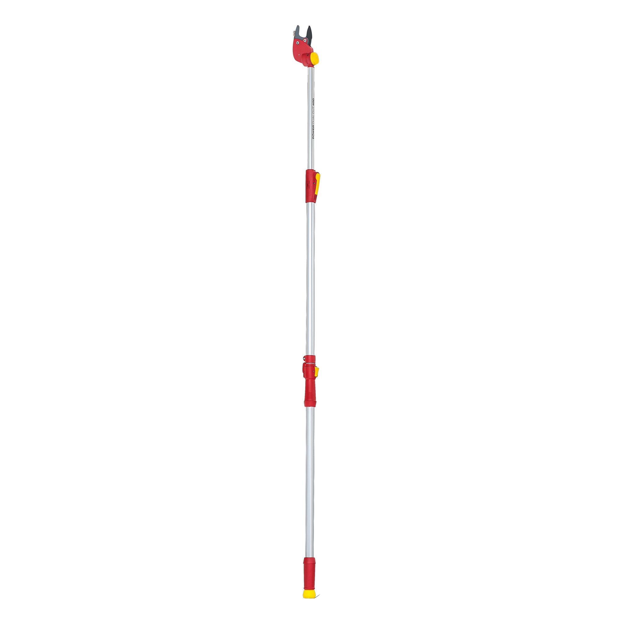 A telescopic tree pruner with a red and yellow handle, featuring an extendable silver pole and a cutting mechanism at the top, designed for pruning branches at height.