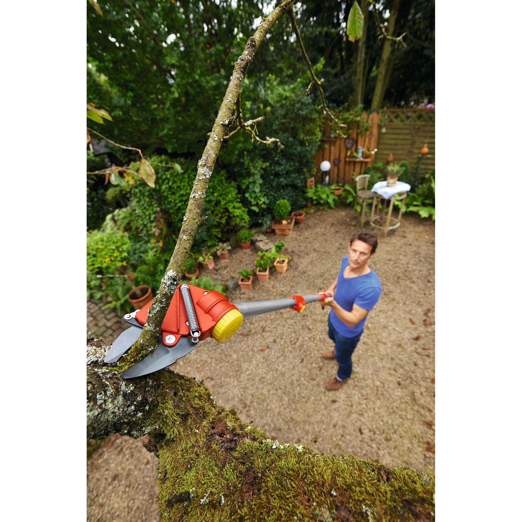 A person using a WOLFGarten telescopic tree pruner to cut a branch in a garden. The pruner is red and yellow, and the person's face is blurred for privacy. There are potted plants and garden furniture visible in the background.
