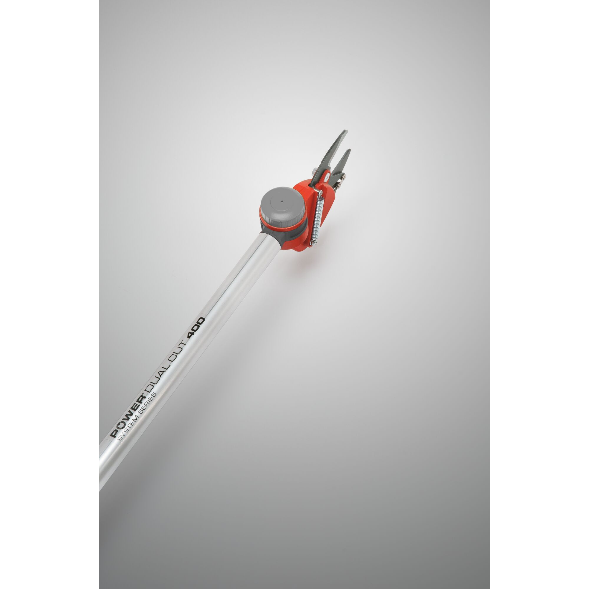 A WOLFGarten Power Dual Cut 400 pruning tool with an extendable pole and a red and grey cutting head, shown against a neutral background.