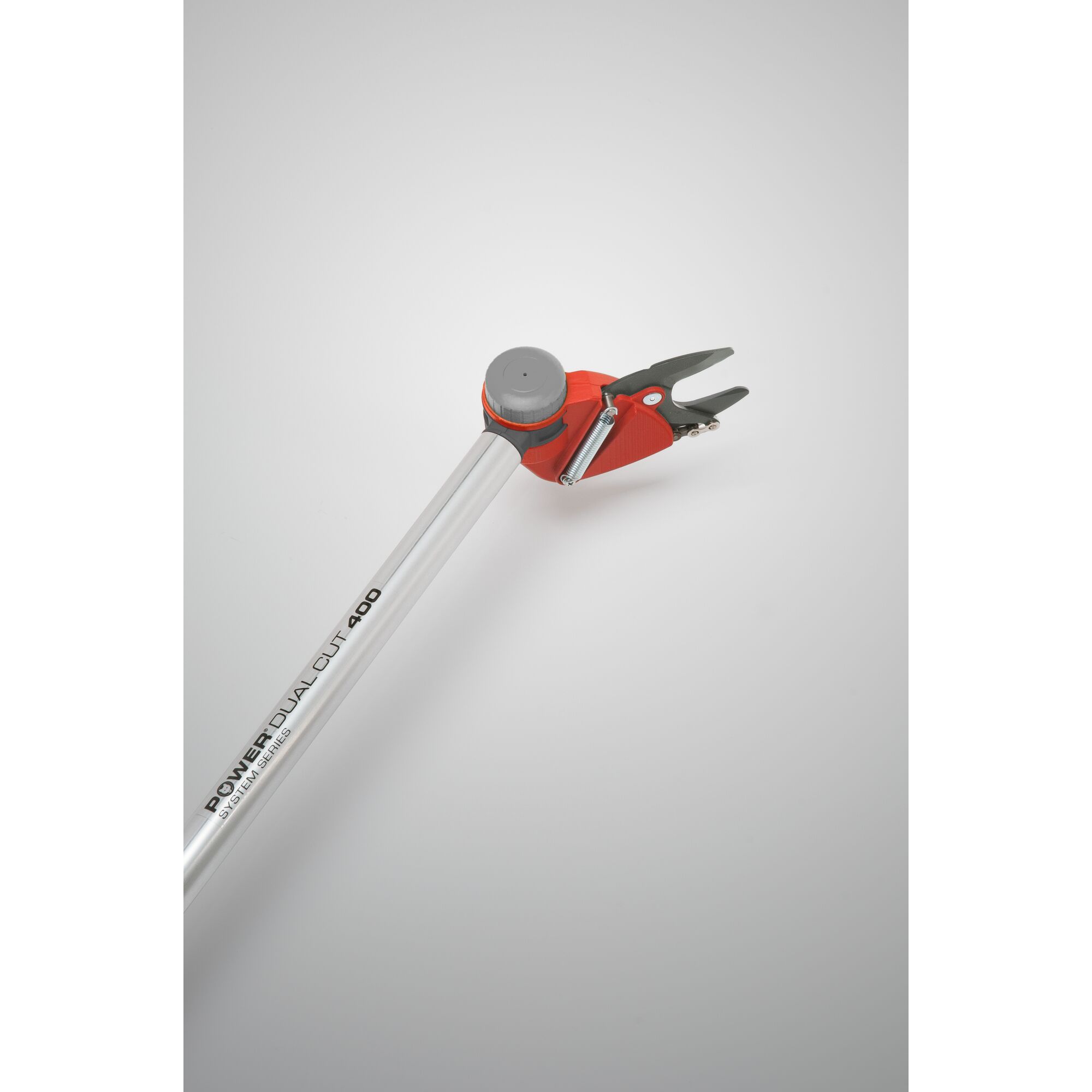 A WOLFGarten Power Dual Cut 400 telescopic pruning tool with a red and silver handle and adjustable cutting head, suitable for trimming branches.