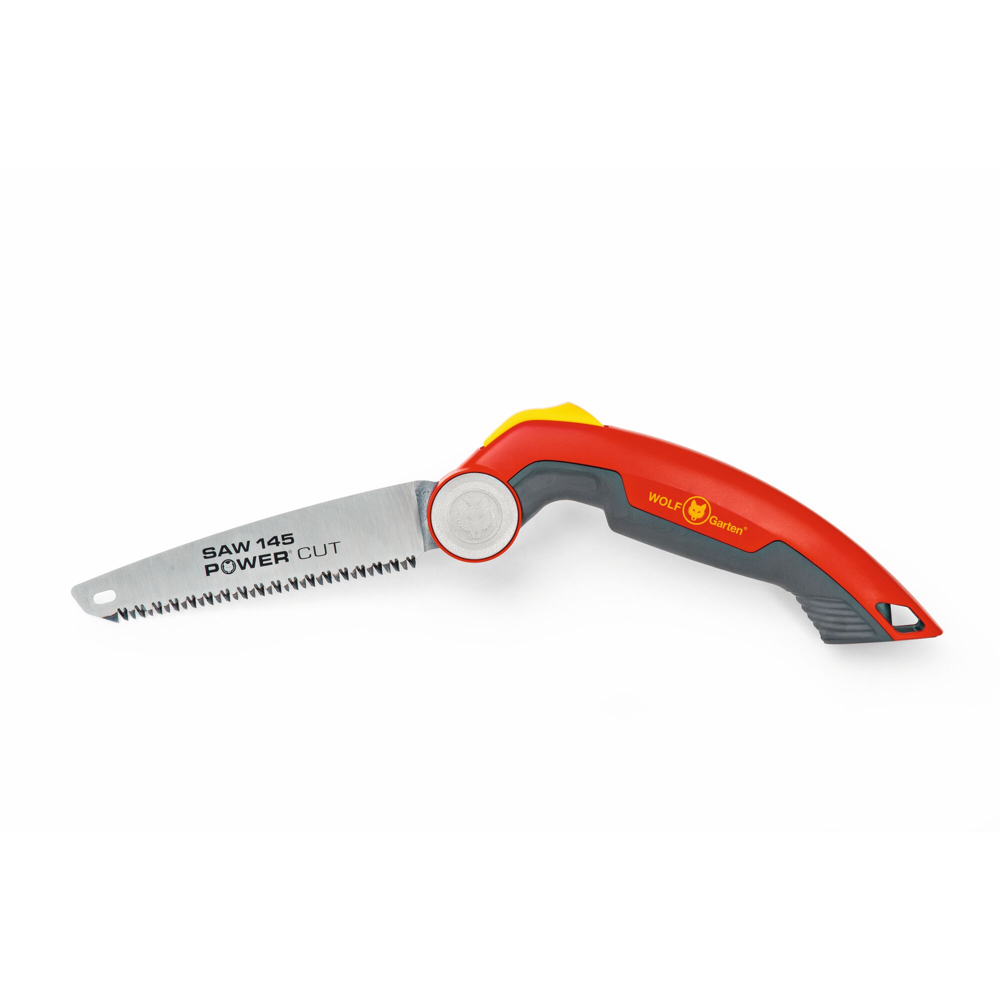 A WOLFGarten folding hand saw with a red and grey handle and a sharp silver blade labeled 'SAW 145 POWER CUT', designed for gardening and pruning.
