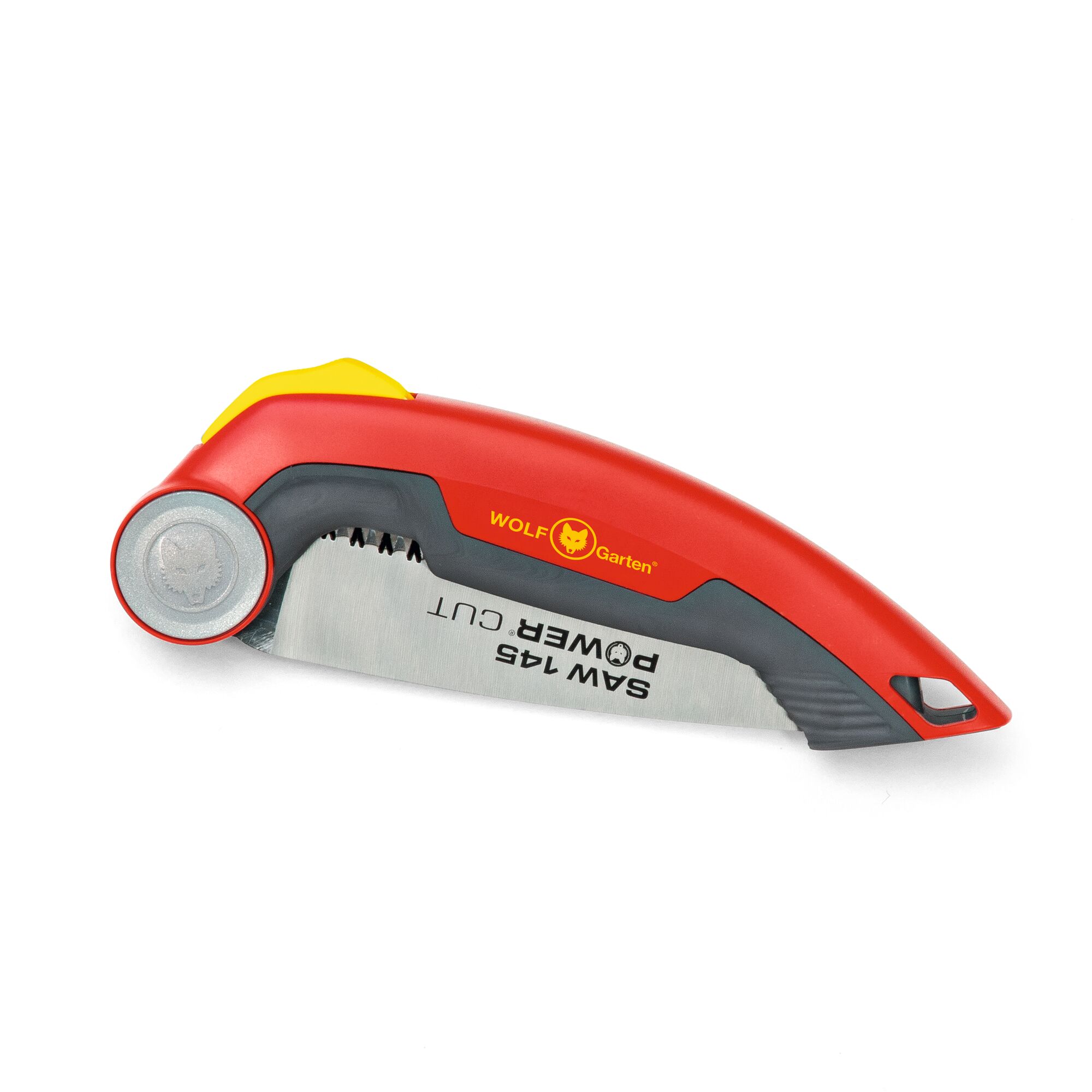 A WOLF Garten folding hand saw with a red and gray handle, yellow accents, and a partially visible metal blade inscribed with 'SAW 145 POWER CUT'.