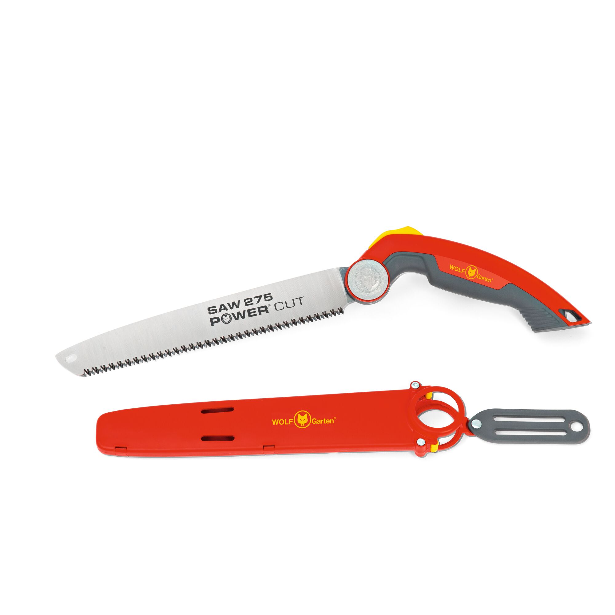 A WOLFGarten Power Cut Saw 275 with a curved handle and sharp serrated blade, shown next to its red protective sheath.