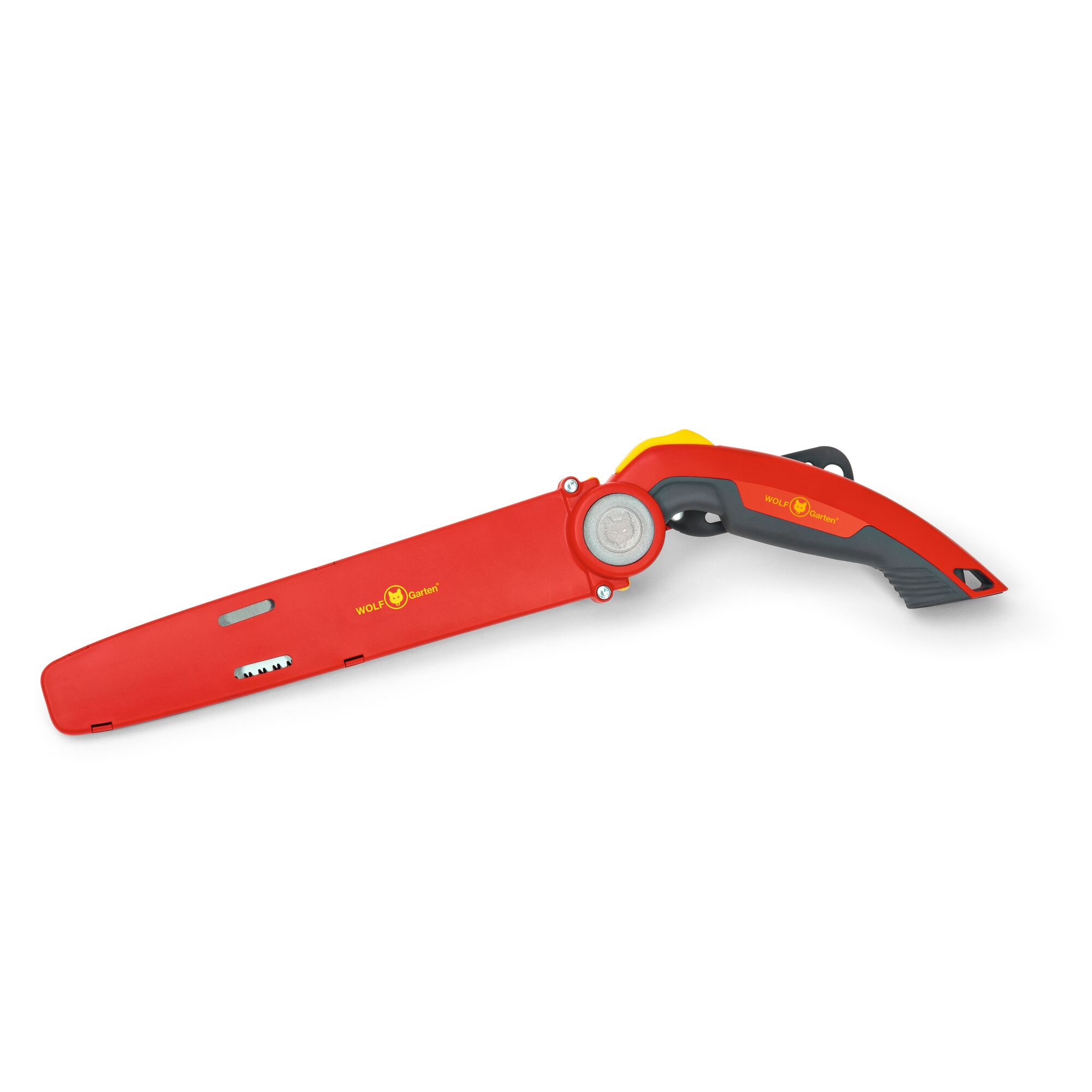 WOLFGarten folding hand saw with a red and black handle and a red protective blade cover, shown against a white background.