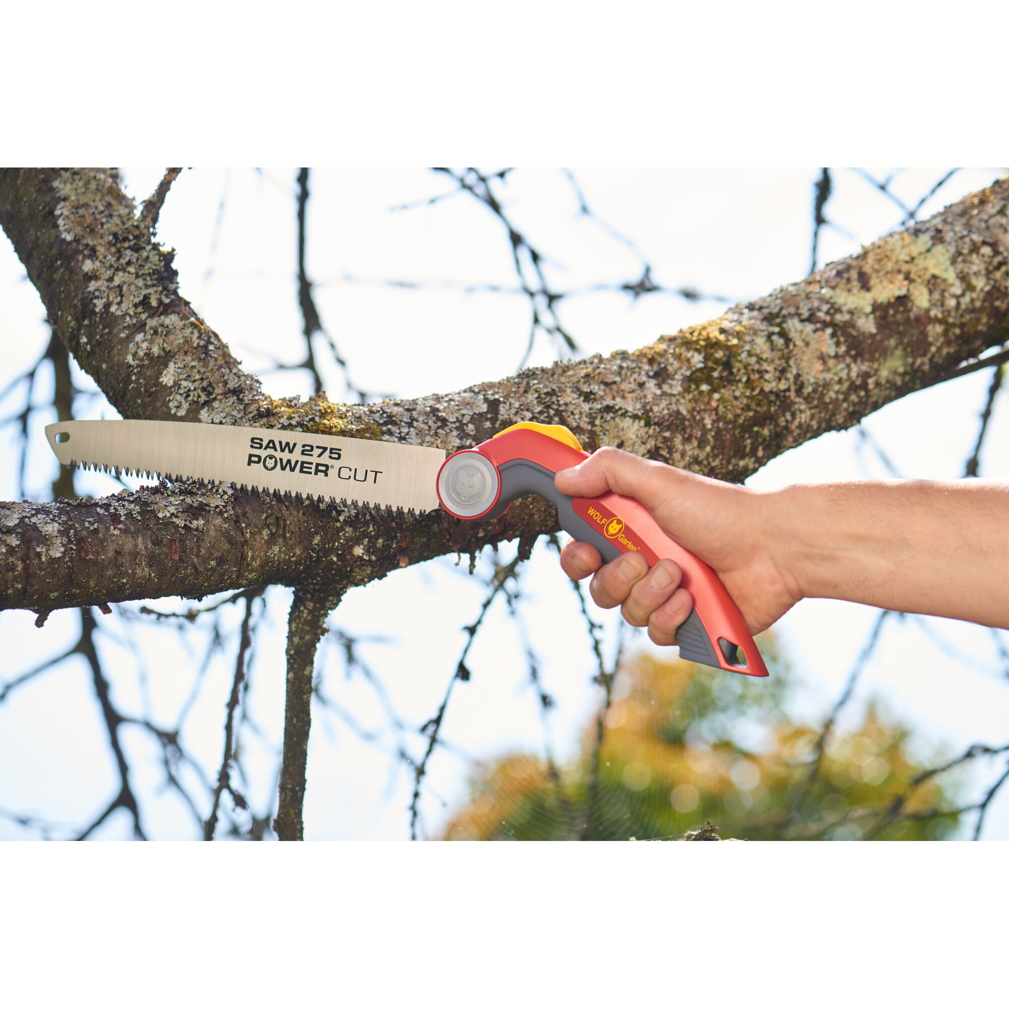 A person is using a WOLFGarten POWER CUT SAW 275 hand saw to cut a tree branch. The saw has a red and yellow handle and is being held firmly against the branch in an outdoor setting.
