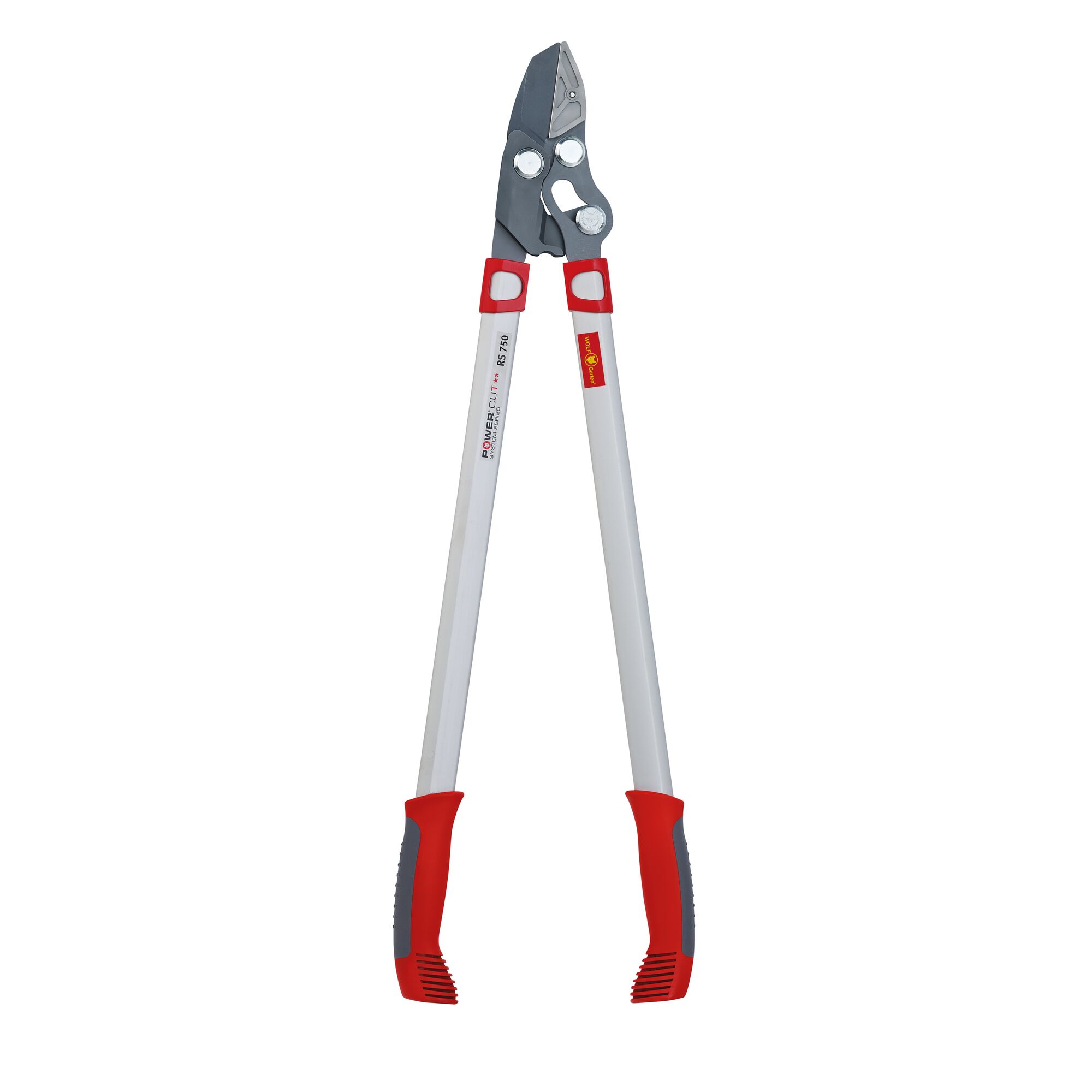 Long-handled bypass lopper with red and gray grips, suitable for pruning branches. The tool features a robust cutting head designed for efficient garden maintenance.