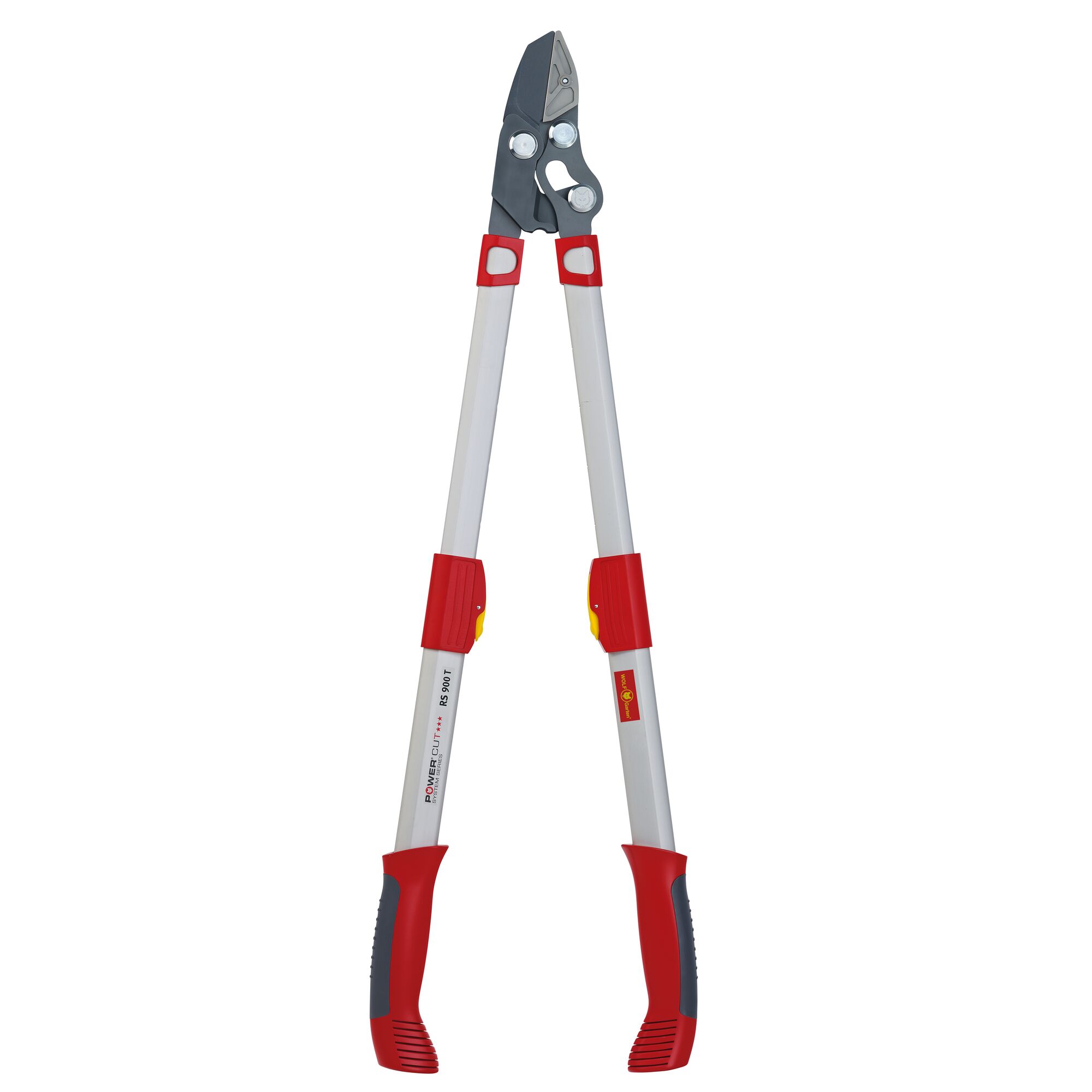 A pair of long-handled garden loppers with red and grey handles and a metallic cutting blade, suitable for pruning branches.