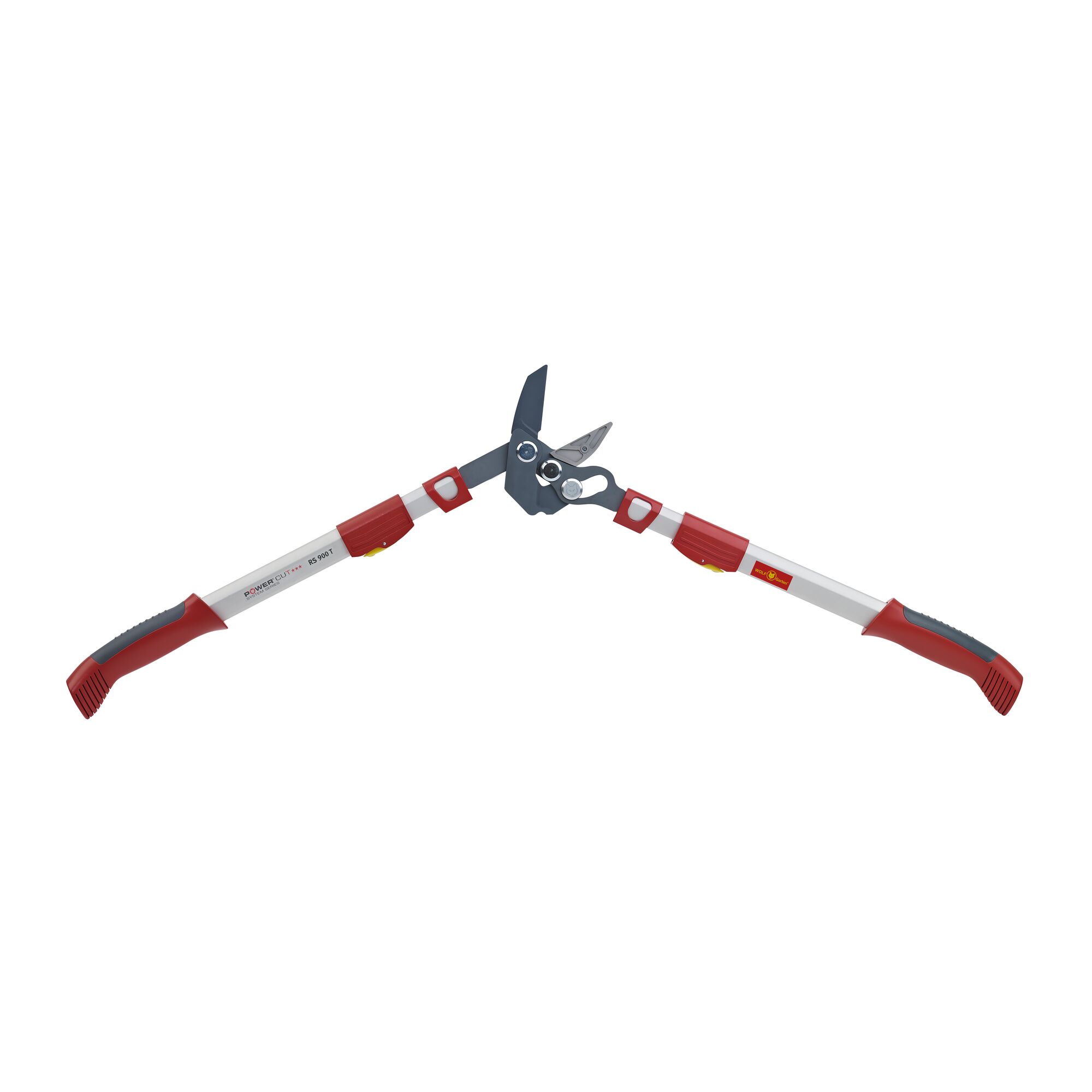 A pair of garden loppers with red and silver extendable handles and a sharp cutting blade.