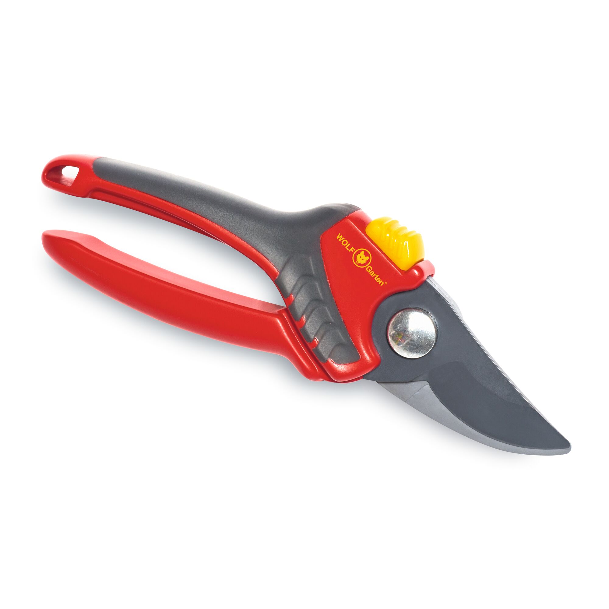 A WOLFGarten garden pruner with red and grey handles and a sharp blade, suitable for cutting branches or stems.