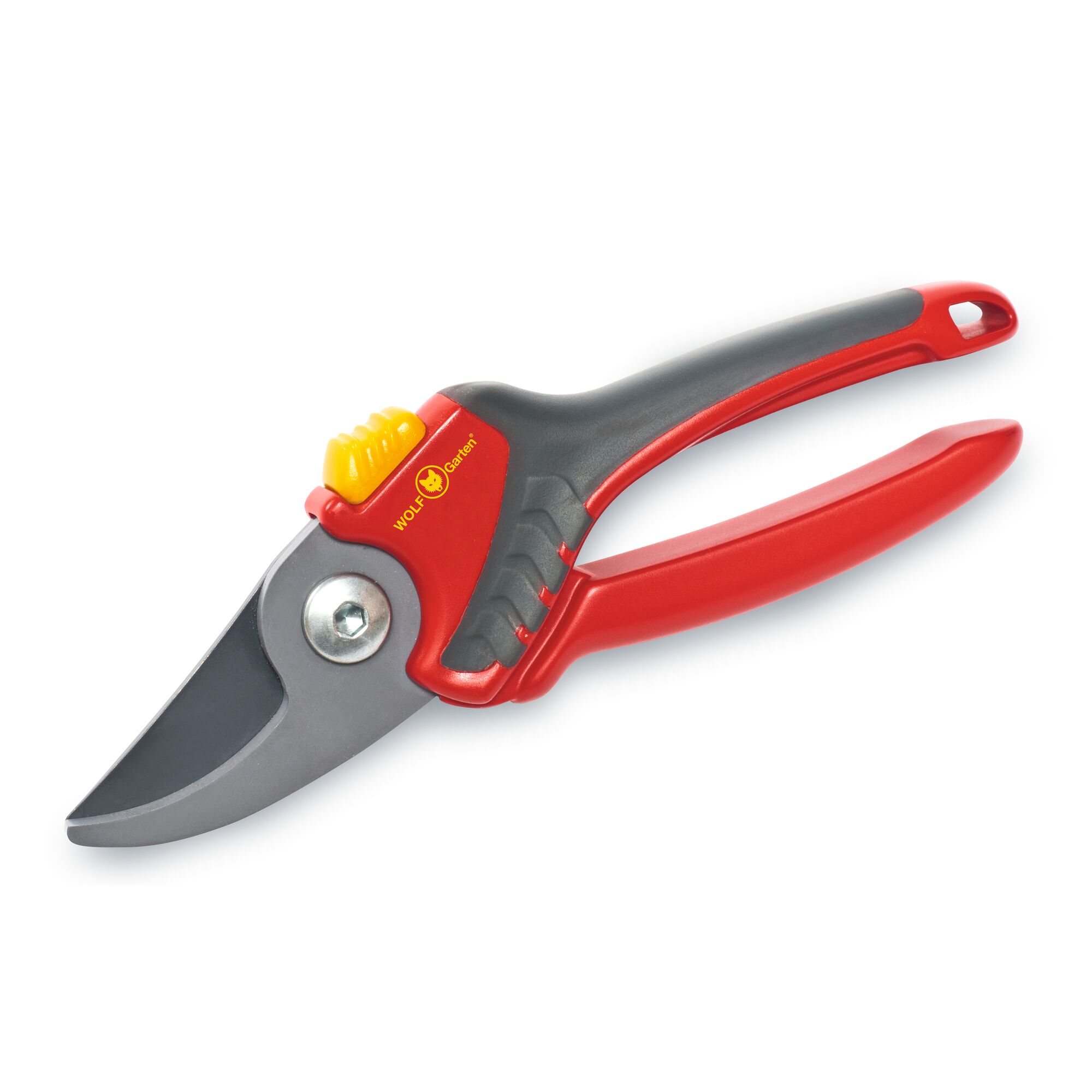A red and grey garden pruning shear with a yellow locking mechanism, designed for cutting plants or small branches. The handle is ergonomic and features the WOLF-Garten logo.
