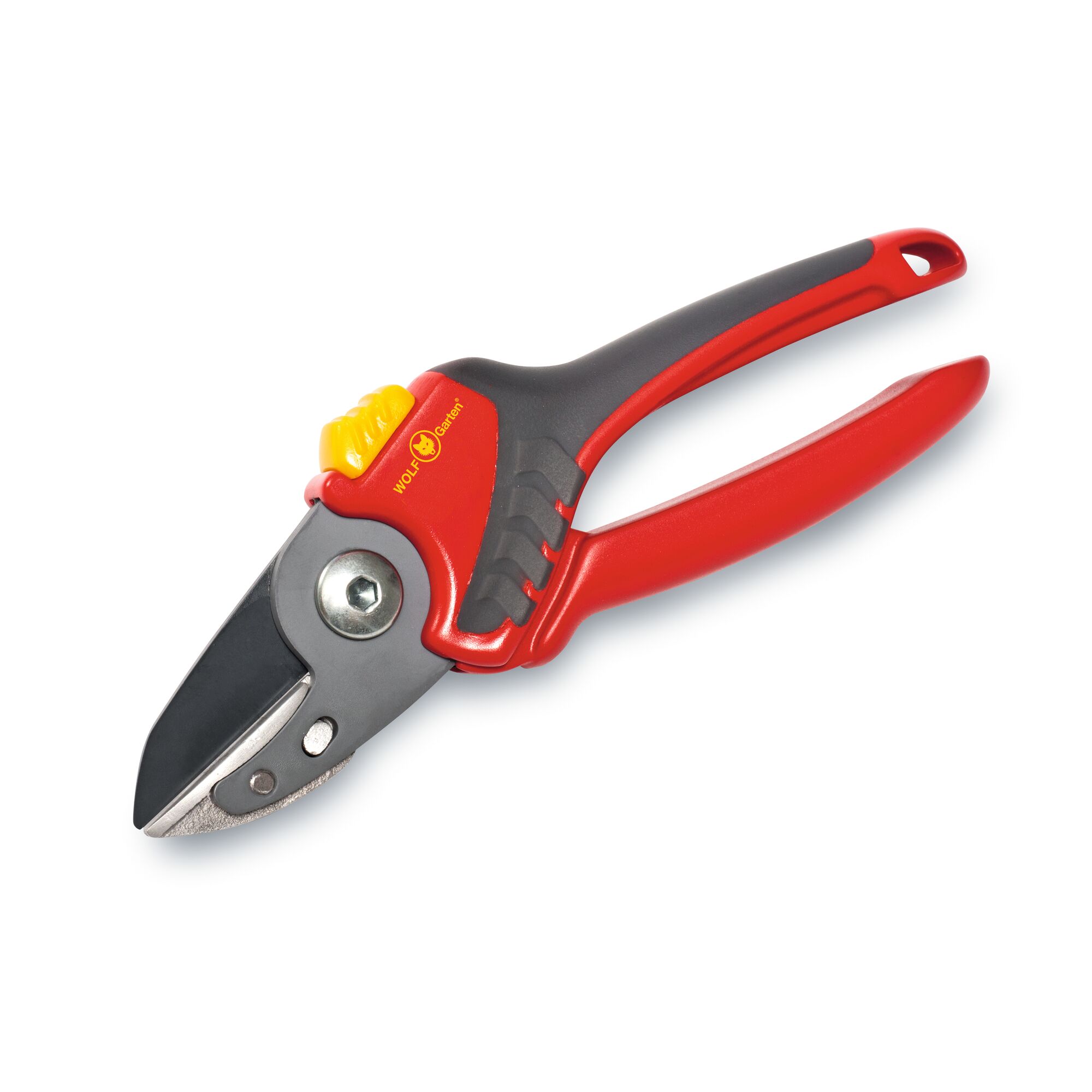 A pair of red and grey garden secateurs with a yellow safety lock. The handles are ergonomically designed and the blade appears sharp, suitable for pruning plants.