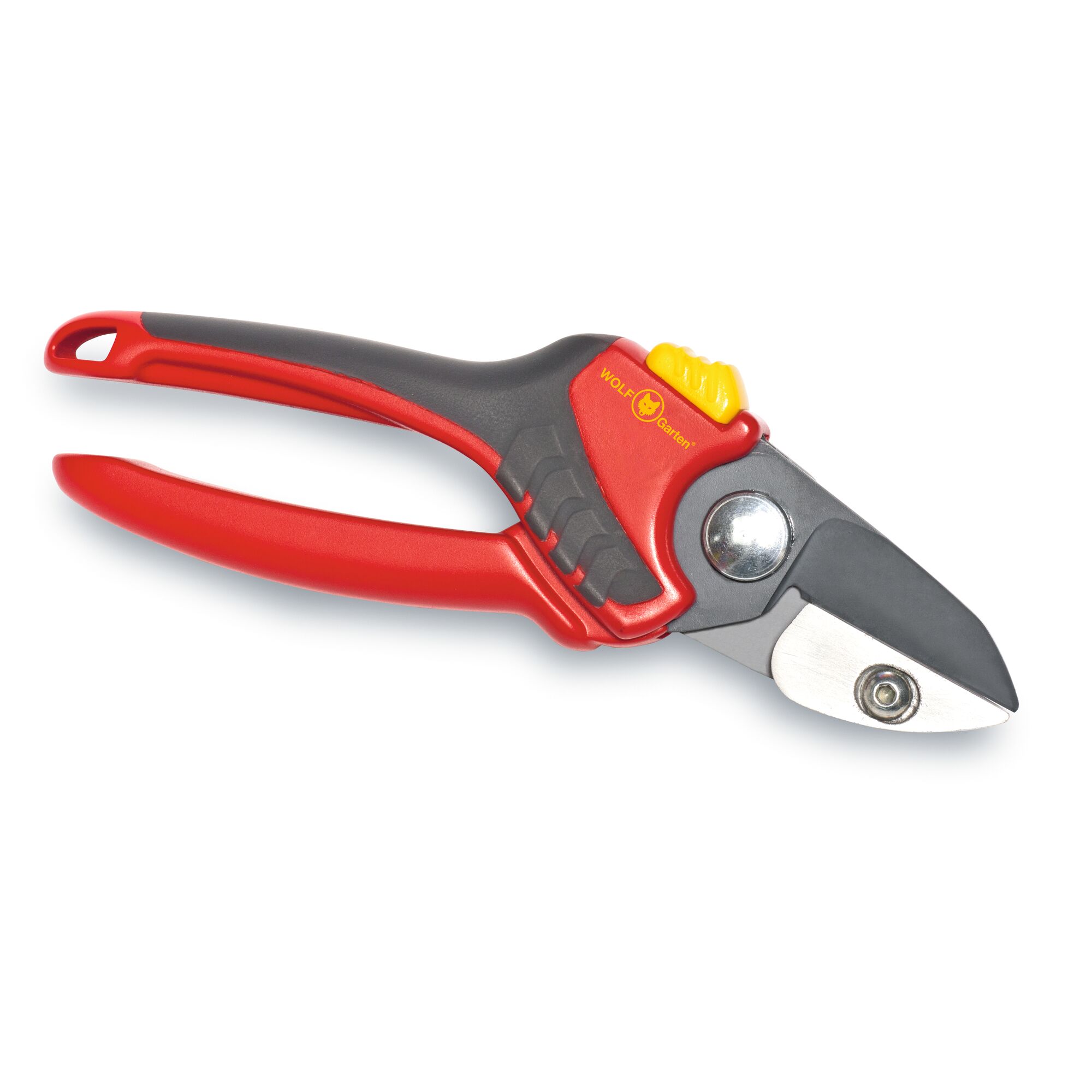 A pair of red and gray garden secateurs with a yellow locking mechanism, designed for pruning branches. The product features ergonomic handles and sharp blades, branded with WOLF-Garten.