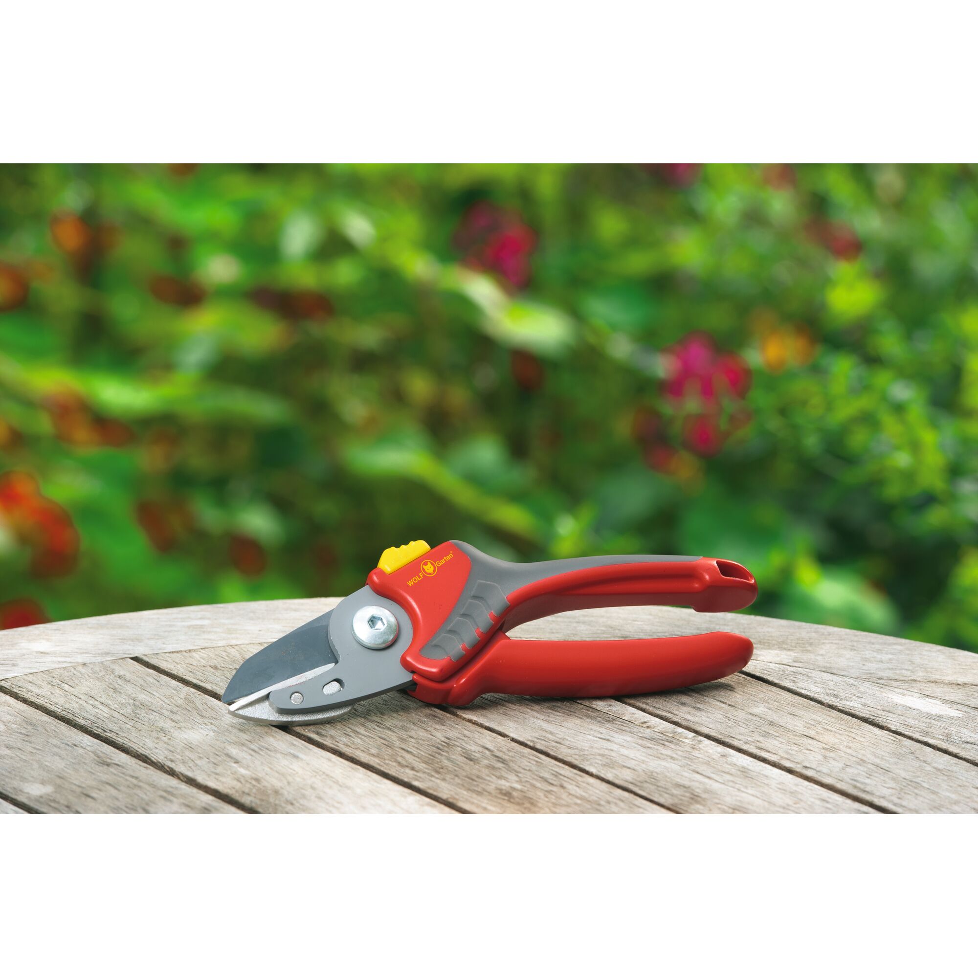 A pair of red and grey garden pruning shears placed on a wooden table with a blurred green background.
