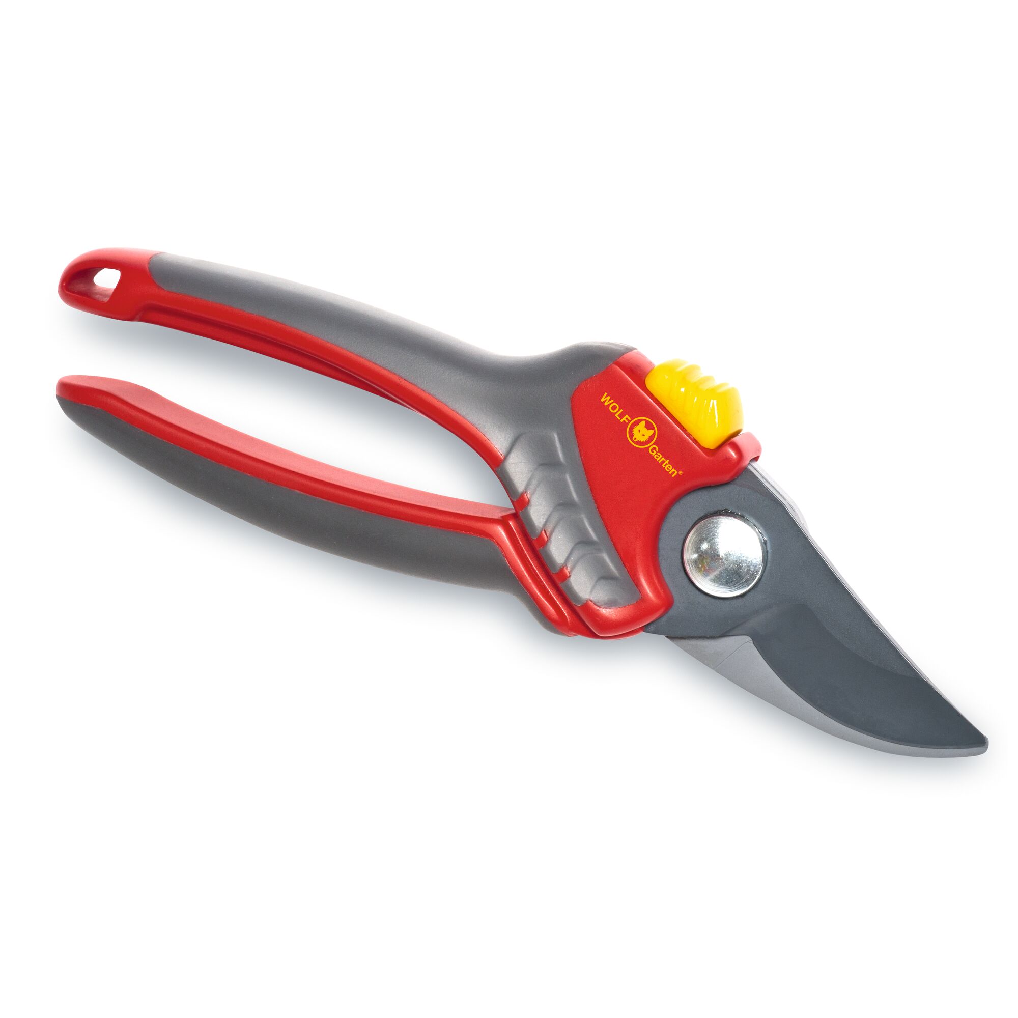 A pair of WOLFGarten pruning shears with red and grey handles and a yellow safety lock, used for gardening and cutting branches.