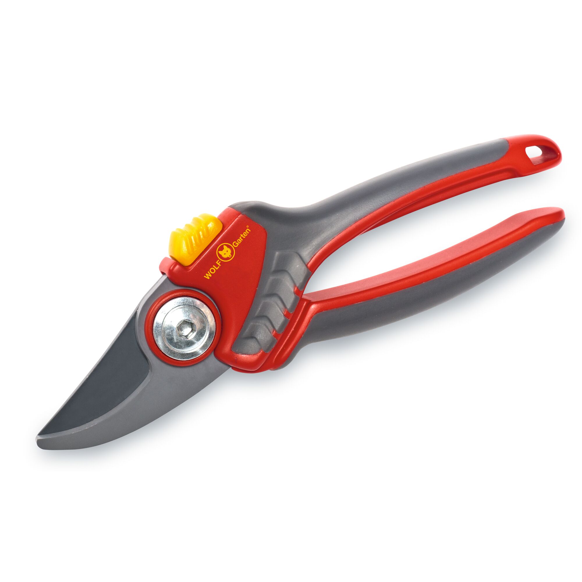 A close-up image of a WOLF-Garten gardening pruning shear with a red, grey, and yellow design, featuring a sharp blade and ergonomic handles.