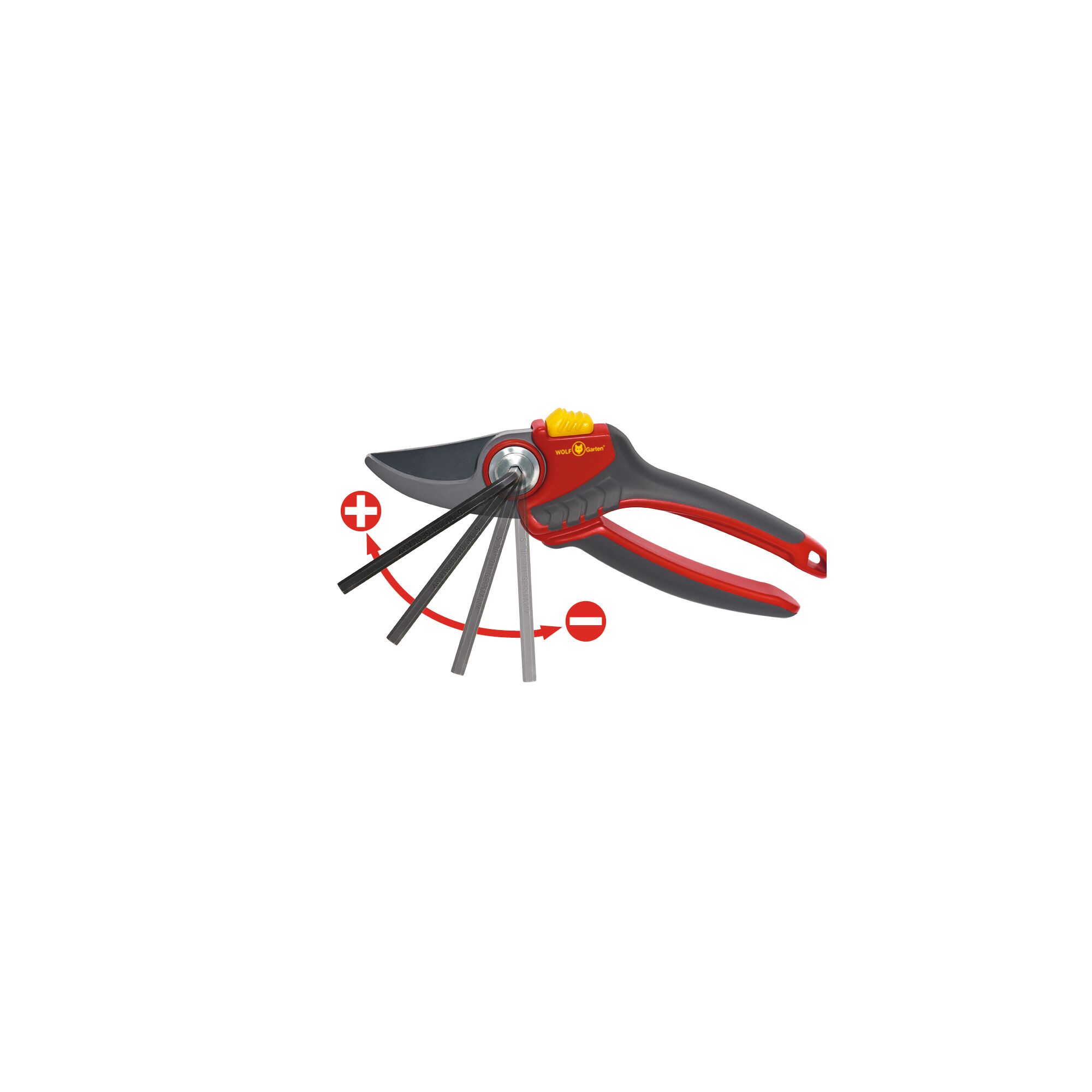 A pair of red and black WOLF-Garten secateurs with adjustable blade angle, shown with arrows and symbols indicating the adjustment positions.