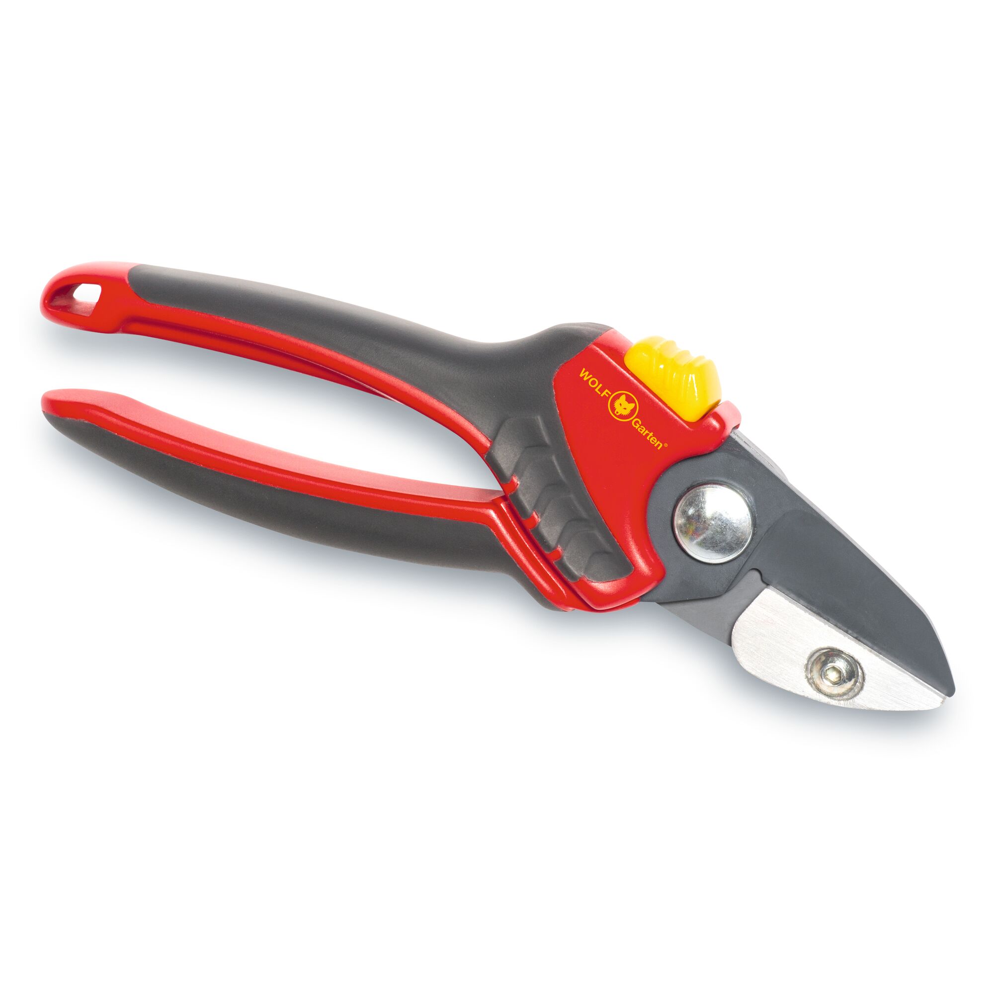 A pair of WOLF Garten garden shears with black and red handles, featuring a yellow locking mechanism and a sharp metal blade.