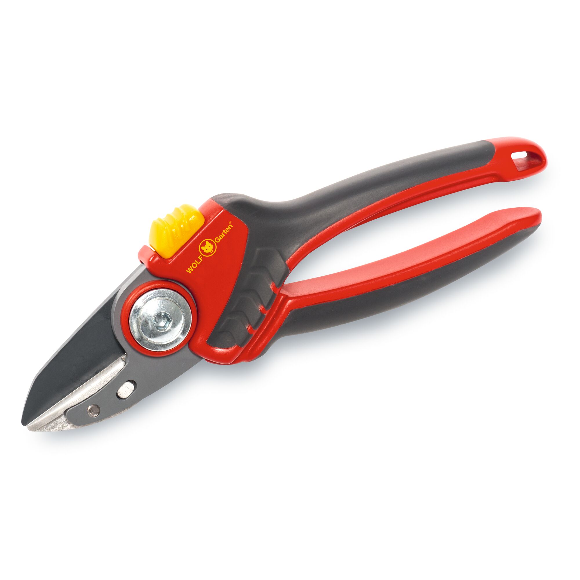 A WOLFGarten garden pruner with a red and black handle and metallic blades, designed for trimming plants and branches.