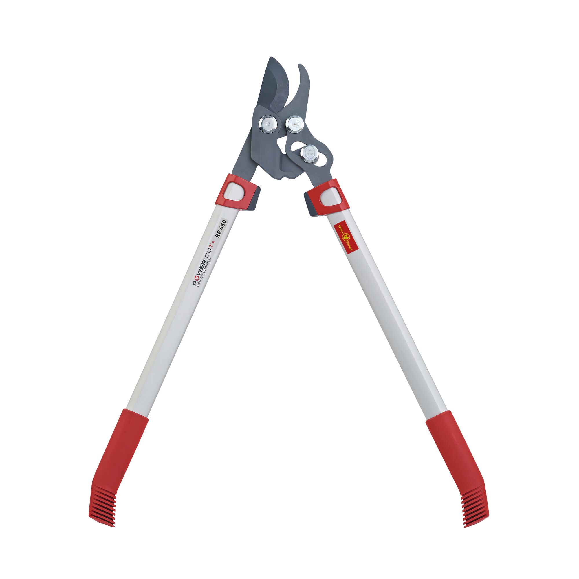 A pair of WOLFGarten POWER CUT anvil loppers with long silver and red handles and a sharp black cutting blade, designed for pruning thick branches.
