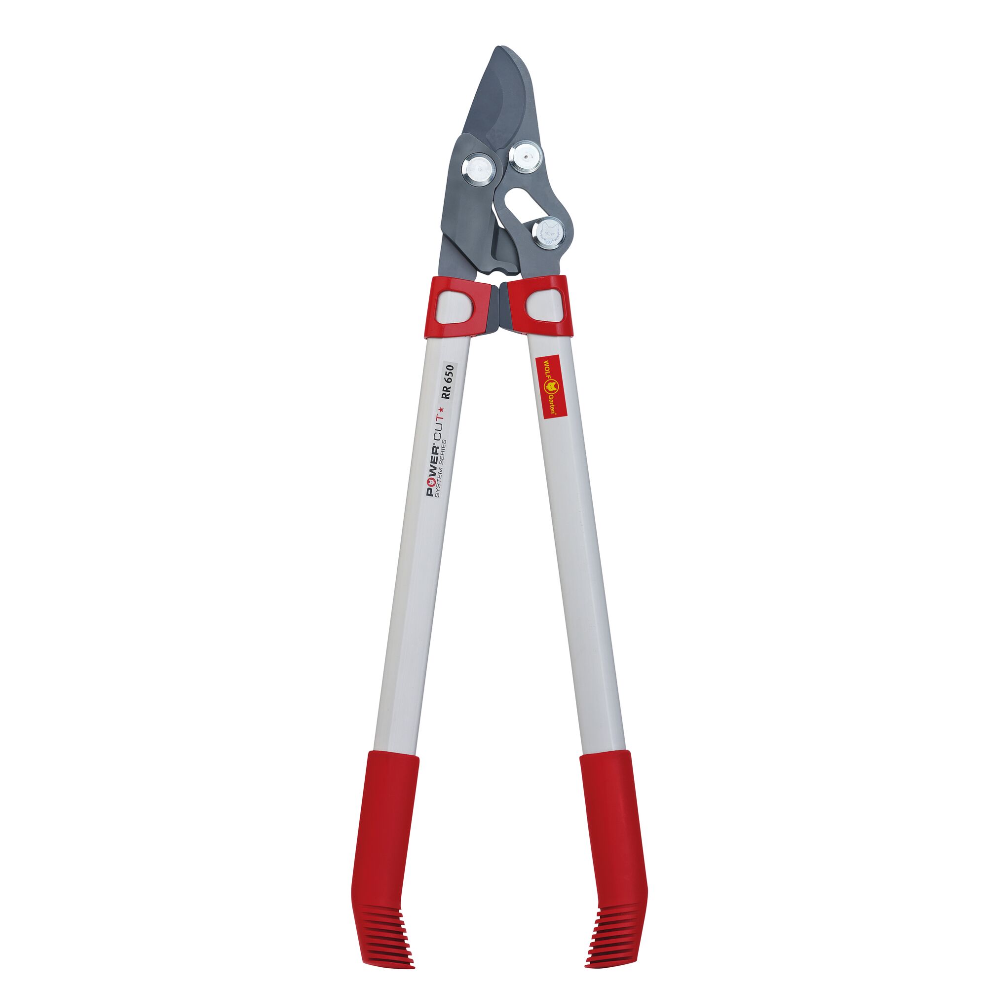 A pair of long-handled garden loppers with red and silver handles and a black cutting blade, designed for pruning thick branches.