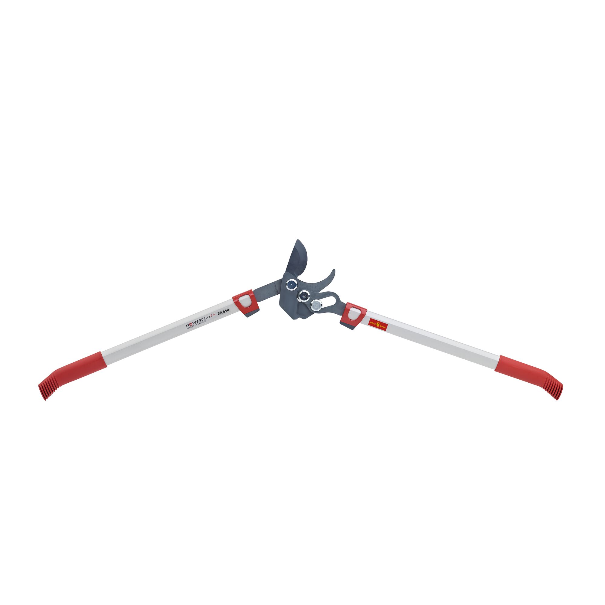 A pair of extendable bypass loppers with red and white handles and a black cutting blade, designed for pruning branches, from WOLFGarten.