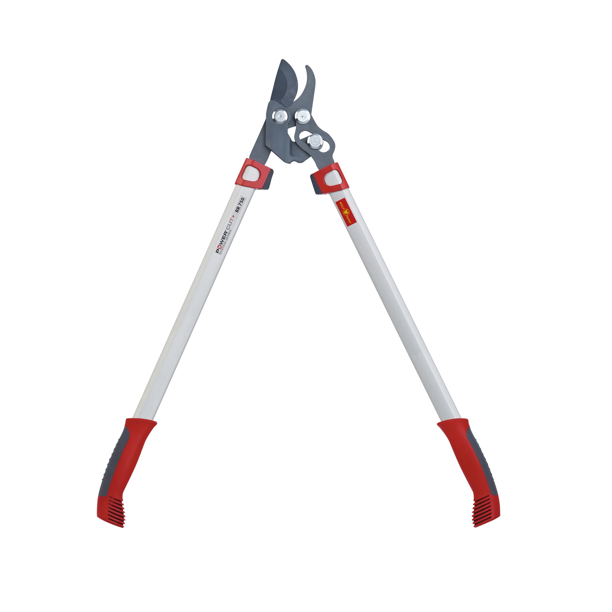 A pair of WOLF-Garten long-handled bypass loppers with red and grey grips, designed for pruning branches.