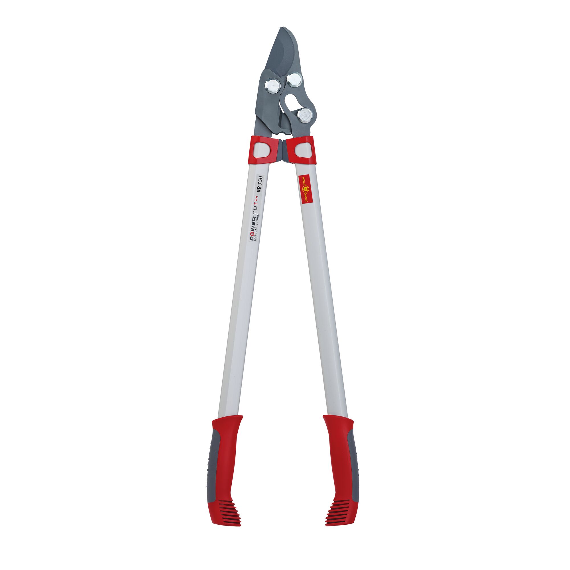 A pair of garden loppers with long silver handles, red and grey grip ends, and a black cutting blade. The tool is branded WOLFGarten and is designed for cutting branches.
