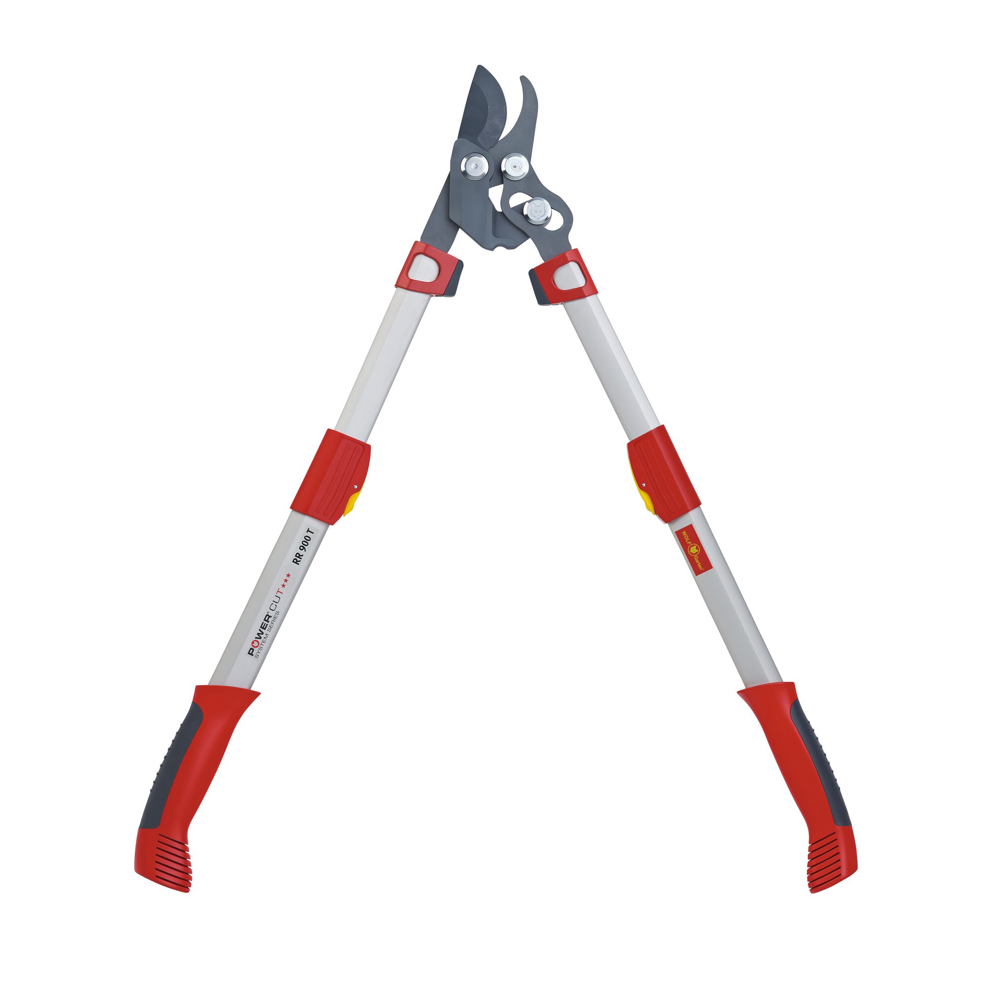 A pair of telescopic bypass loppers with red and silver handles and black cutting blades, designed for pruning branches.