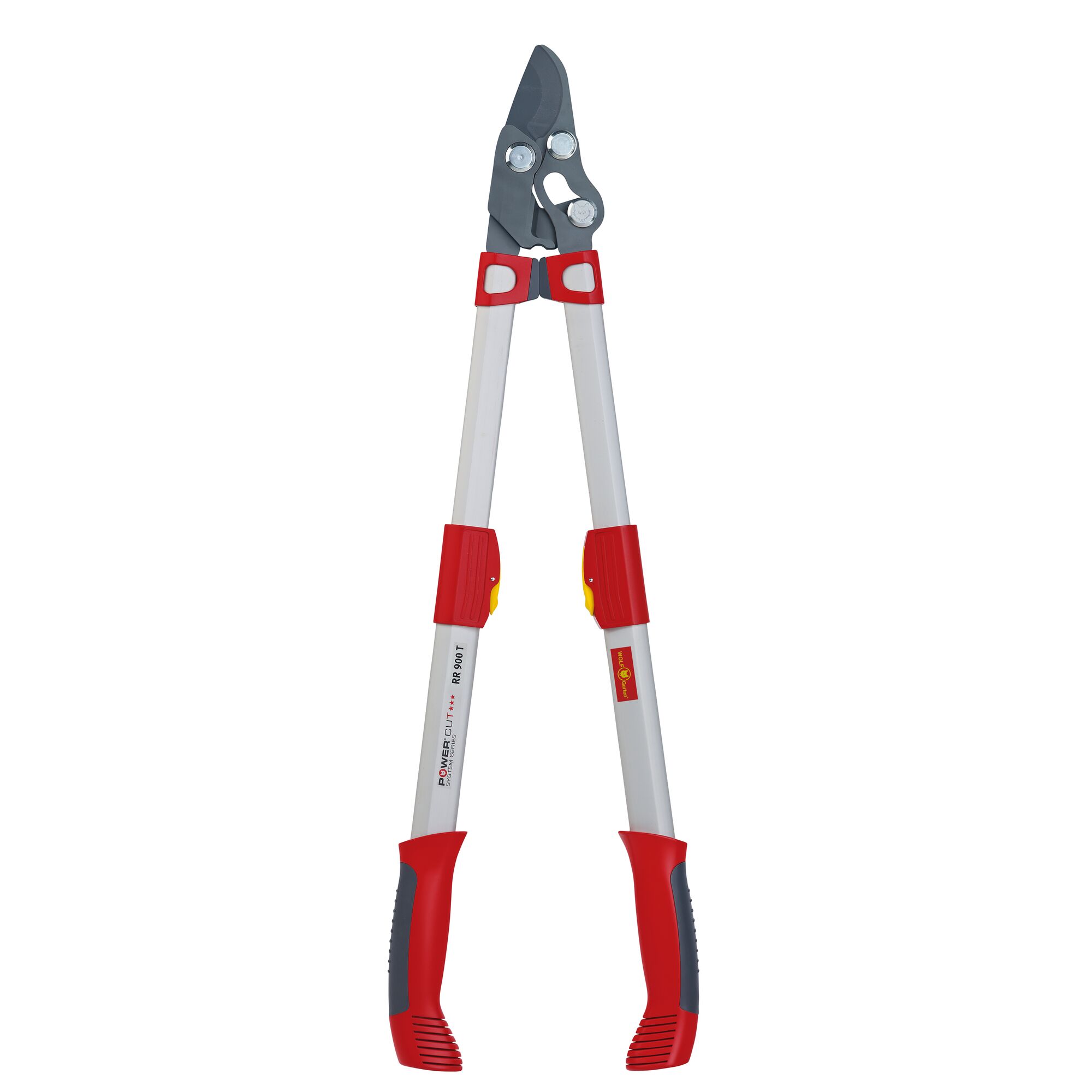A pair of garden loppers with extendable handles, designed for cutting branches. The tool features a red and grey color scheme with metallic blades and adjustable handles.
