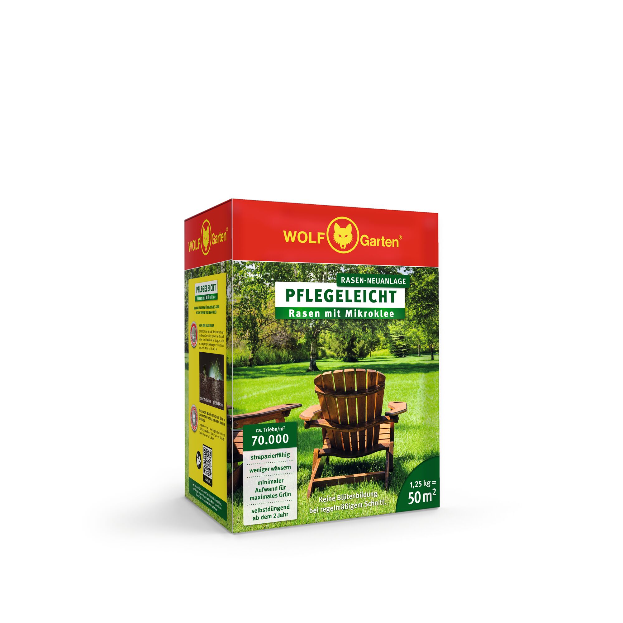 A box of WOLFGarten lawn seed called 'PFLEGELEICHT' with microclover, designed for easy-care lawns. The packaging is red and green, showing an outdoor scene with a wooden chair on a bright green lawn. The box indicates coverage for 50 m² and a weight of 1.25 kg.