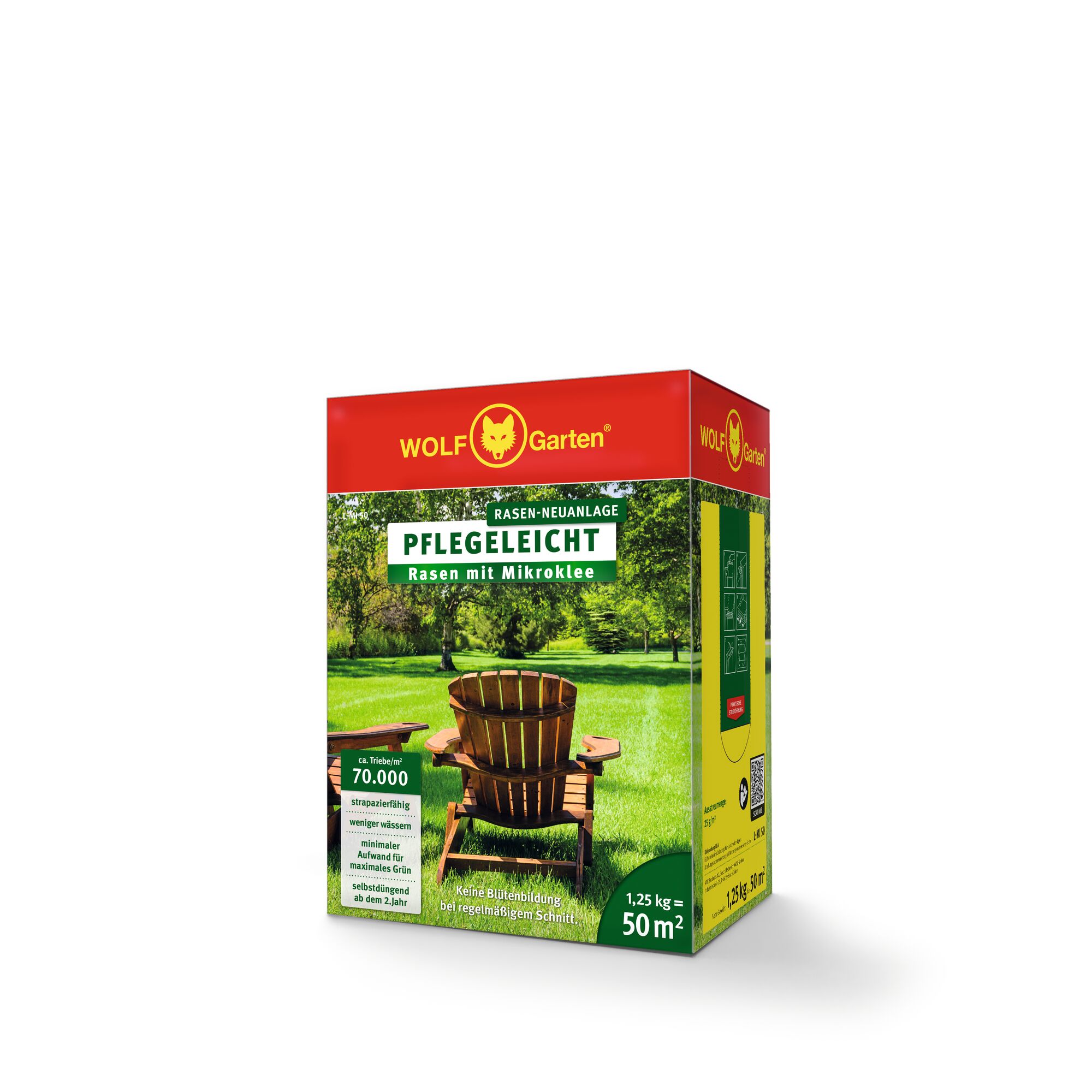 A product box of WOLF Garten lawn seed featuring easy-care micro-clover lawn mix. The packaging is red and green, shows a garden scene with wooden chairs, and highlights features such as covering 50m², 1.25kg content, and benefits for minimal maintenance.