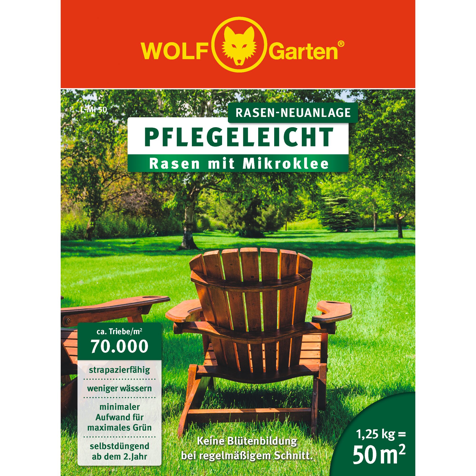 Packaging of WOLF Garten lawn seed featuring 'Easy Care Lawn with Micro Clover'. The image shows two wooden garden chairs on a green lawn, surrounded by trees. Key features in German mention high durability, less watering, minimal effort for maximum green, self-fertilizing from the second year, and no flower formation with regular mowing. The package size is 1.25 kg, covering 50 m².