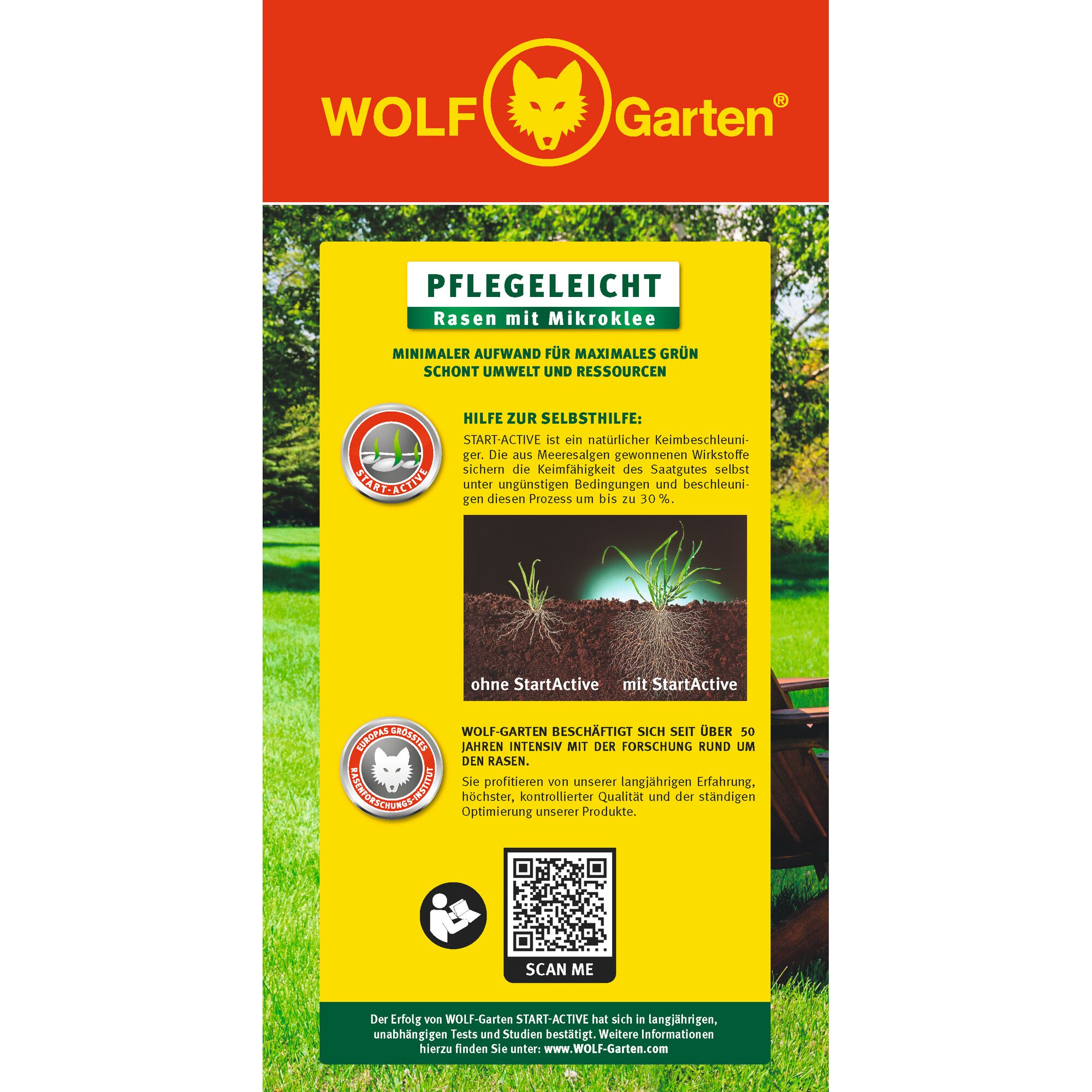 Promotional packaging for WOLF-Garten lawn seed with microclover. The design features a red, yellow, and green color scheme, the WOLF-Garten logo, and information about easy-care lawns. It highlights StartActive technology to boost seed germination, includes a comparative illustration of grass growth with and without StartActive, and a QR code for more information.