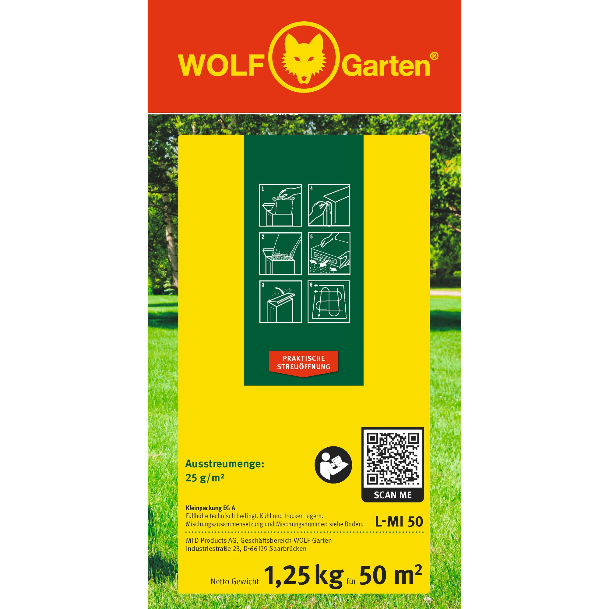 Front packaging of WOLF Garten lawn product, displaying the logo with a wolf's head, yellow and red color scheme, instructions for use in graphic form, and product information including 1.25 kg for 50 m² coverage. Also includes a QR code and text in German.