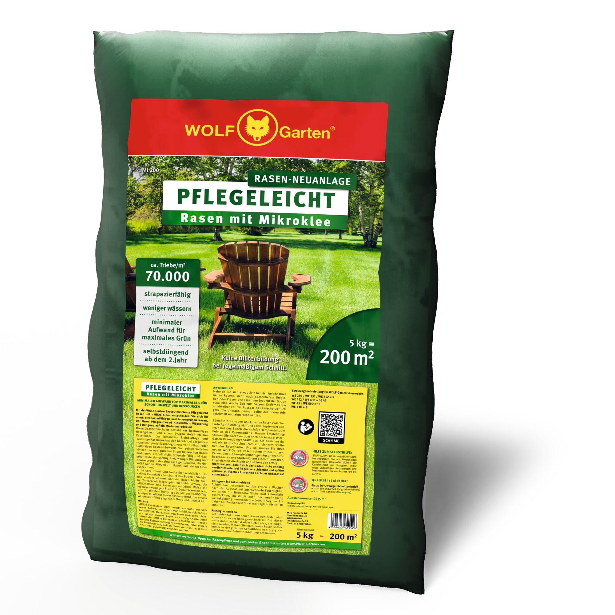 A bag of WOLF Garten lawn seed for new lawn installation, labeled 'PFLEGELEICHT Rasen mit Mikroklee'. The package is green with a red label and shows an image of a wooden chair on a well-kept lawn. The bag is 5 kg and covers 200 m².