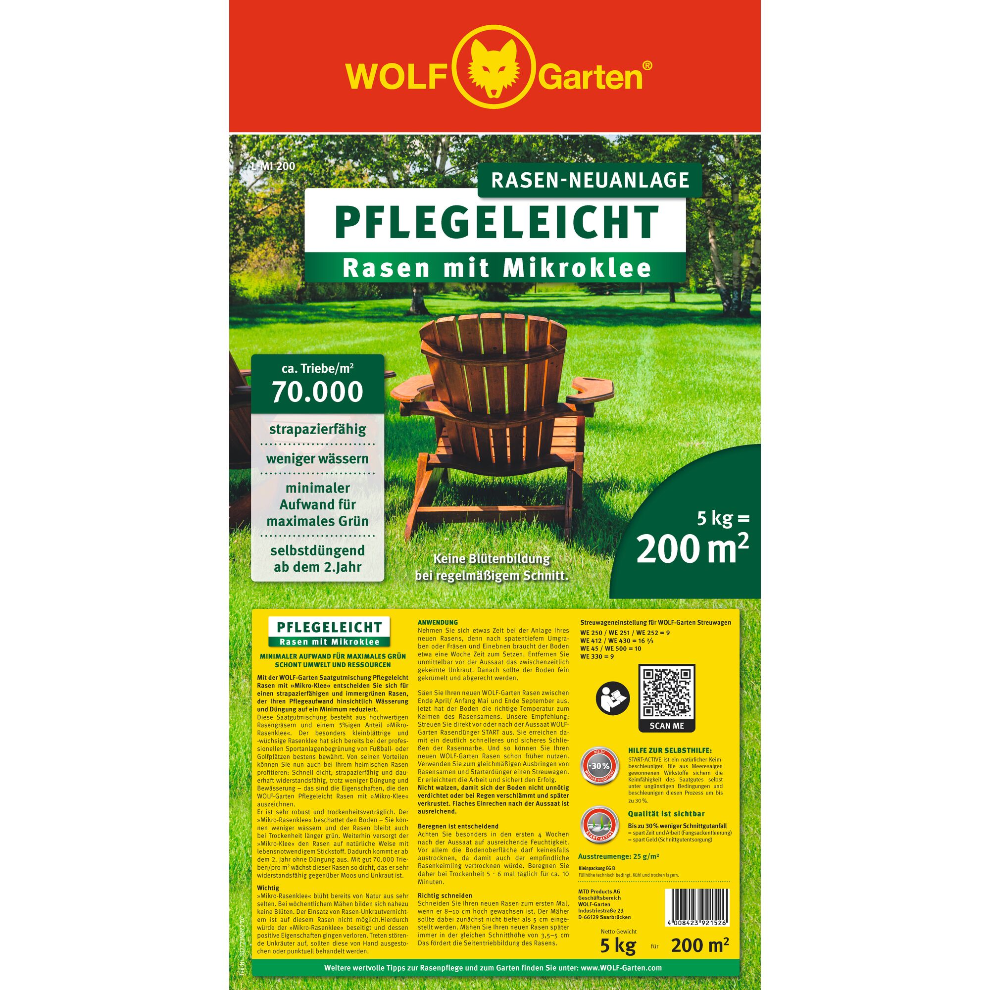 Product packaging for WOLF Garten brand lawn seed titled 'PFLEGELEICHT Rasen mit Mikroklee', designed for easy-care grass with micro clover. The front of the package shows a wooden garden chair on a green lawn and provides details such as high density (approx. 70,000 shoots per m²), drought resistance, low watering, minimal effort for maximum green, self-fertilizing from the second year, no flower formation with regular mowing, coverage of 200 m² with 5 kg. Additional information and QR code are visible.