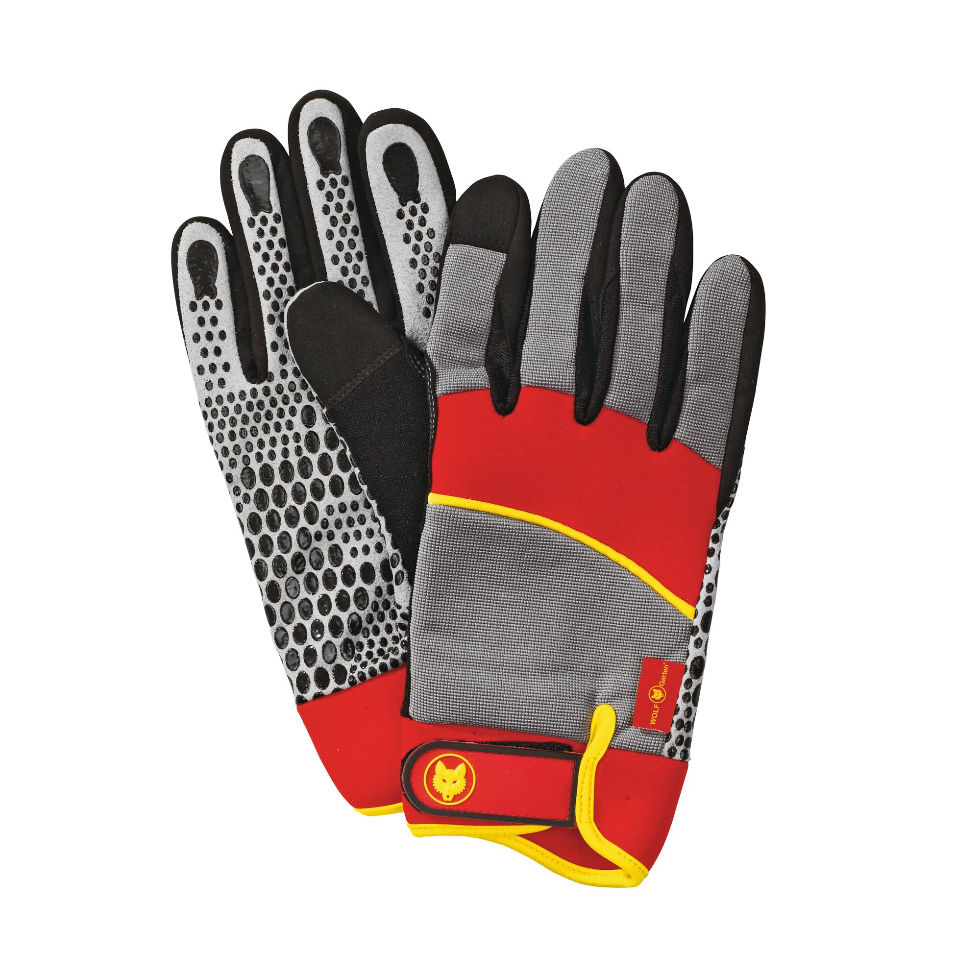 A pair of WOLFGarten protective work gloves, with a red, grey, and black design, featuring yellow trim and a dotted grip pattern on the palms.