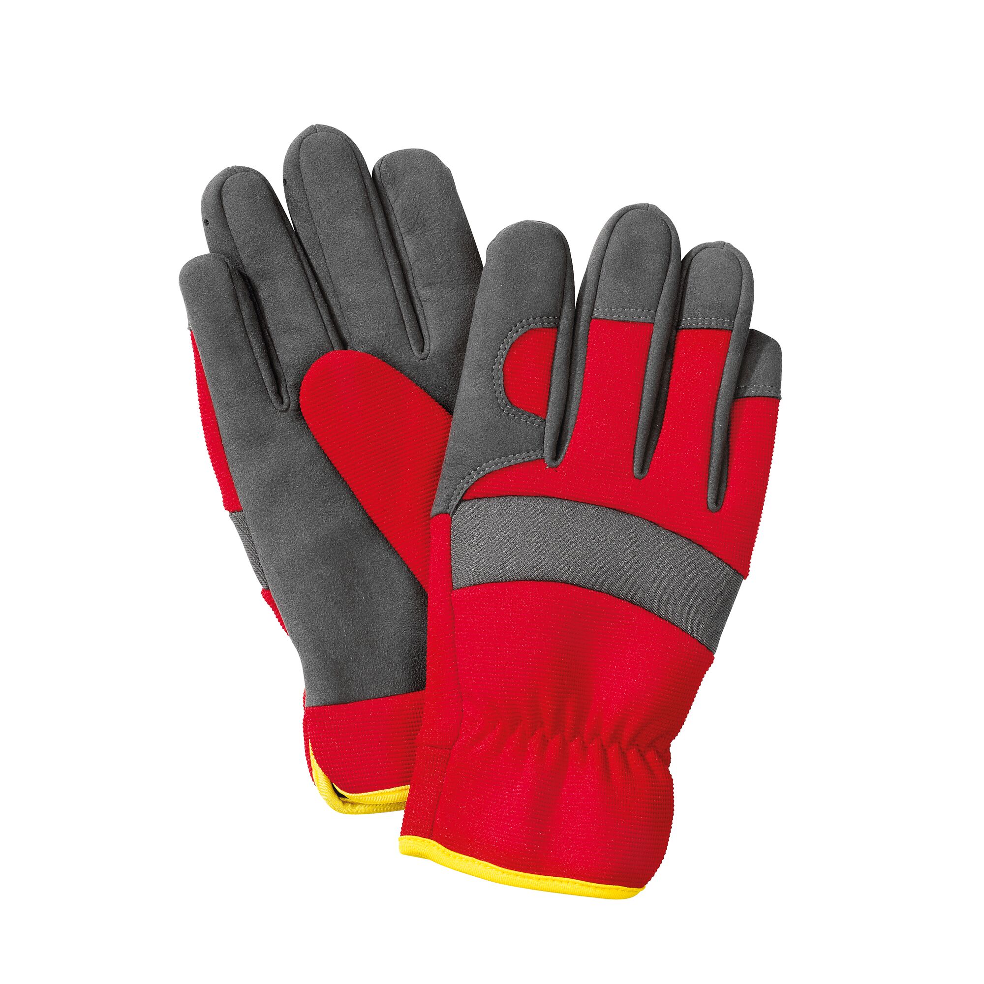 A pair of garden gloves featuring red fabric with grey protective areas, shown against a white background.
