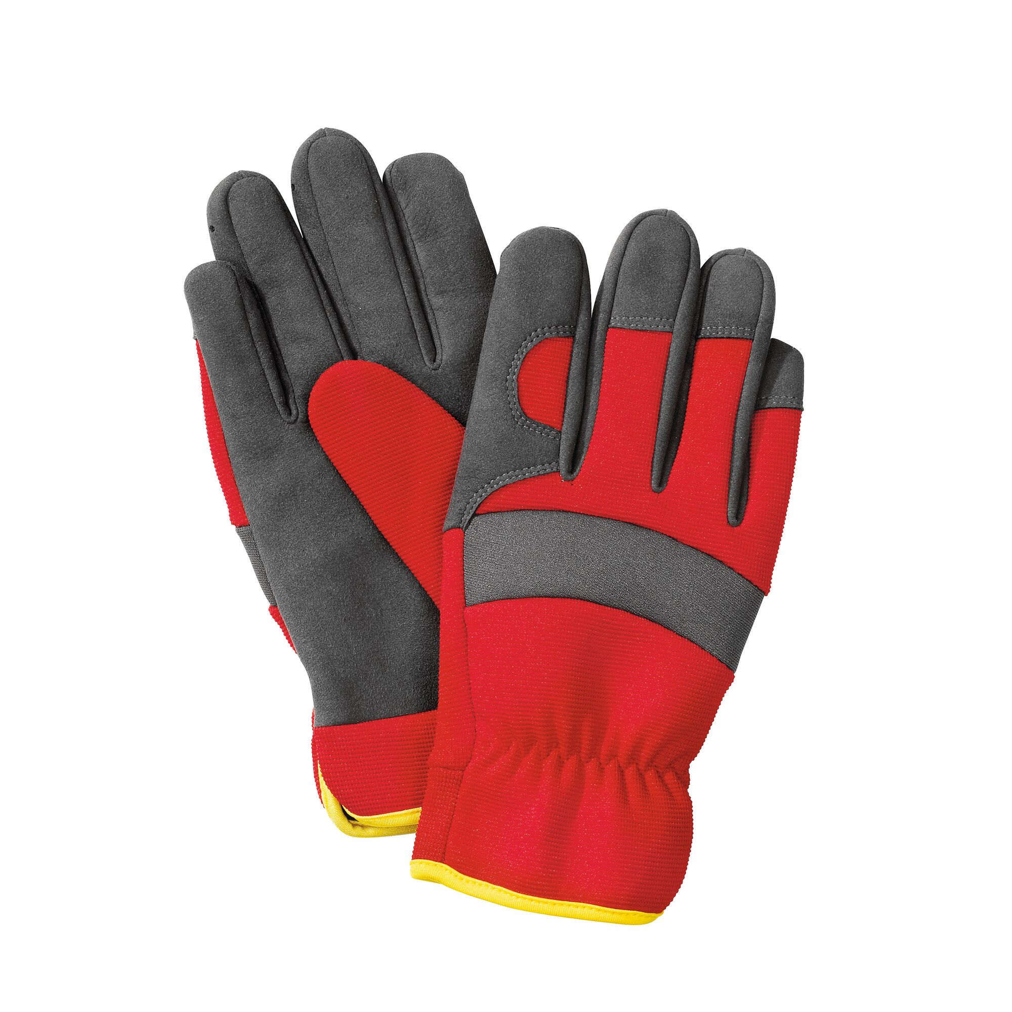 A pair of red and grey protective work gloves with yellow trim, displayed against a white background.